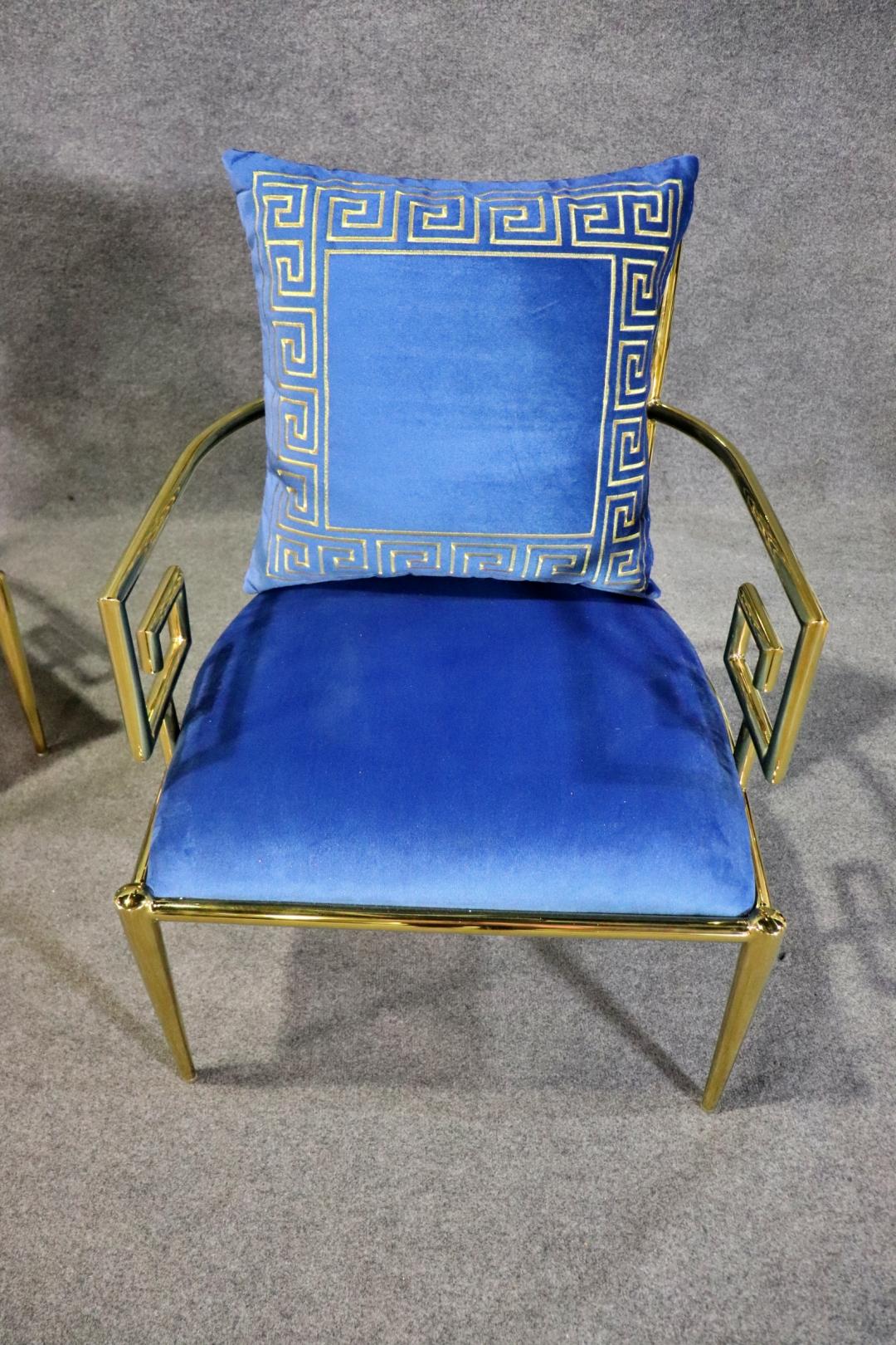 Mid-Century Modern Stunning Pair of Polished Brass Greek Key Versace Style Armchairs in Blue