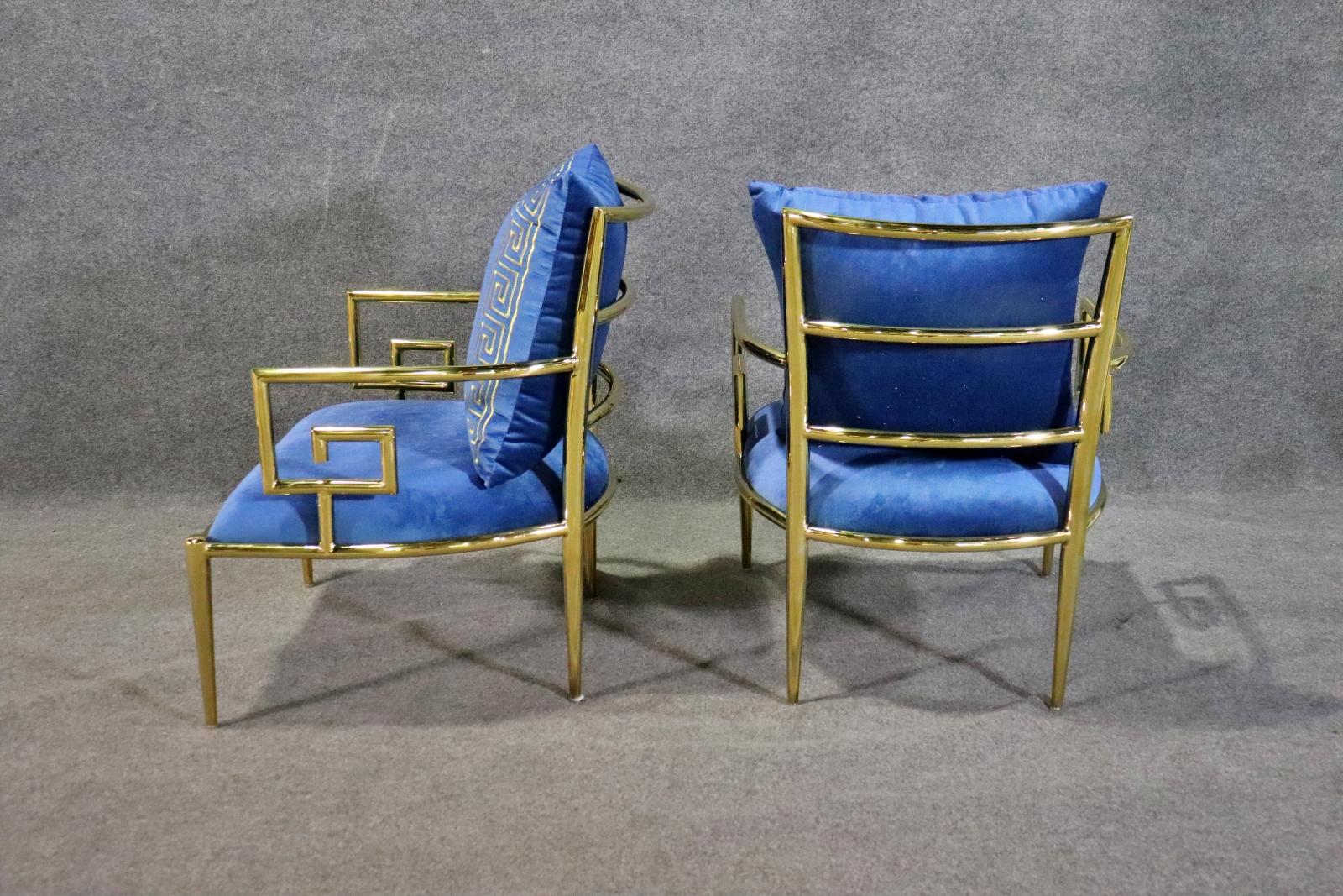 European Stunning Pair of Polished Brass Greek Key Versace Style Armchairs in Blue