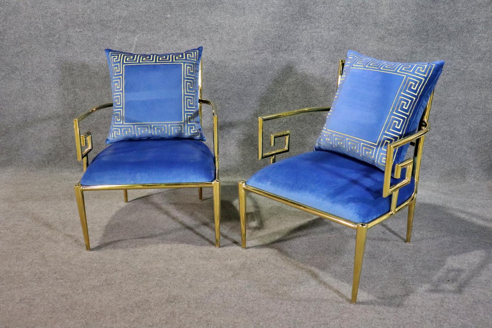 Stunning Pair of Polished Brass Greek Key Versace Style Armchairs in Blue In Good Condition In Swedesboro, NJ