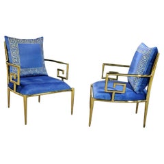 Stunning Pair of Polished Brass Greek Key Versace Style Armchairs in Blue