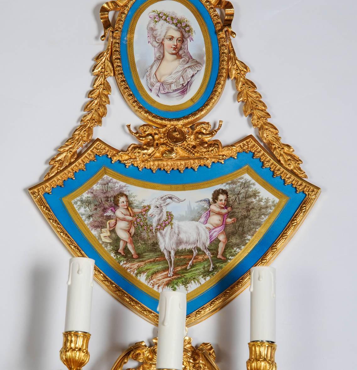 European Stunning Pair of Porcelain and Bronze Sconces For Sale