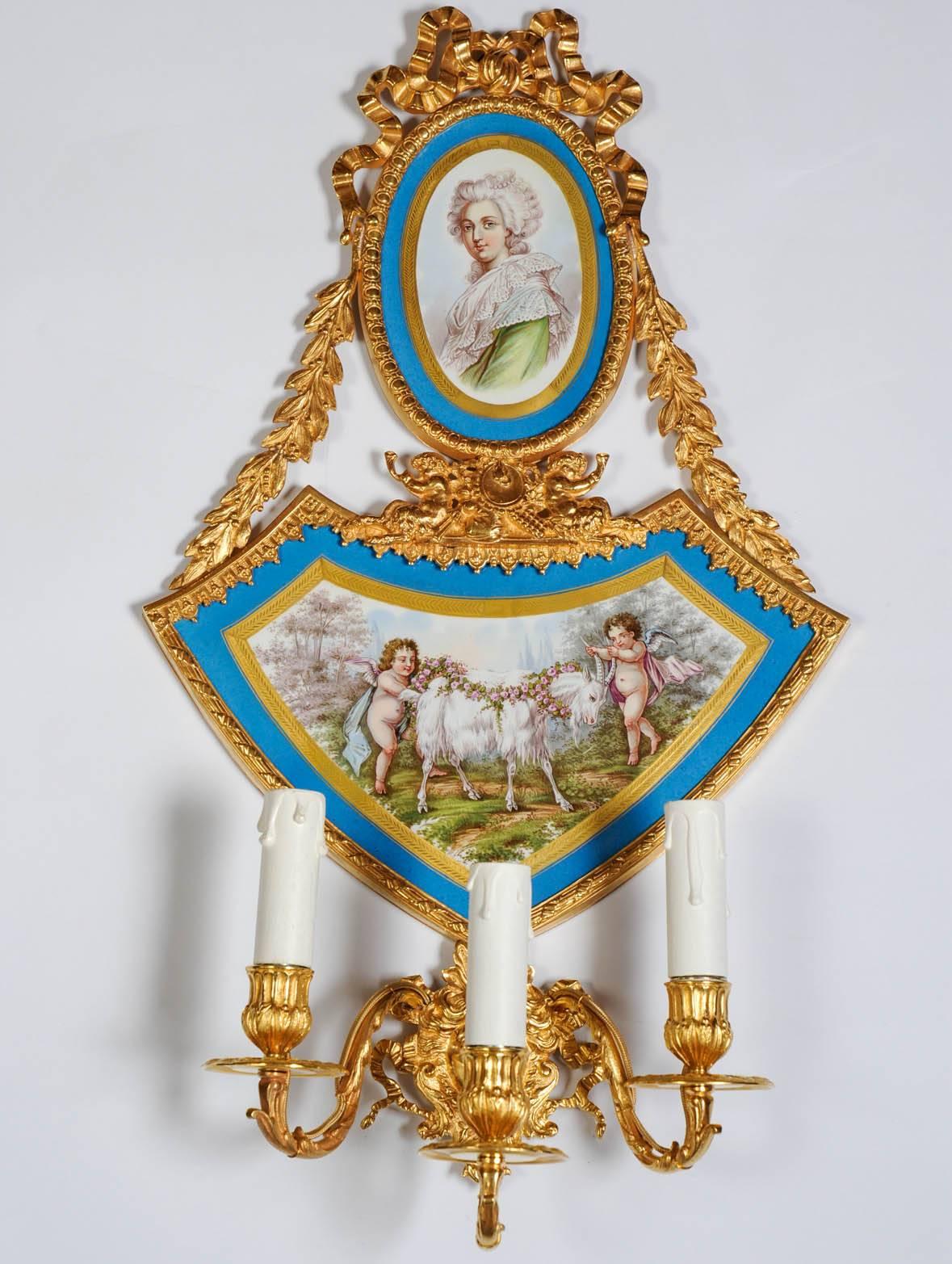 Hand-Painted Stunning Pair of Porcelain and Bronze Sconces For Sale
