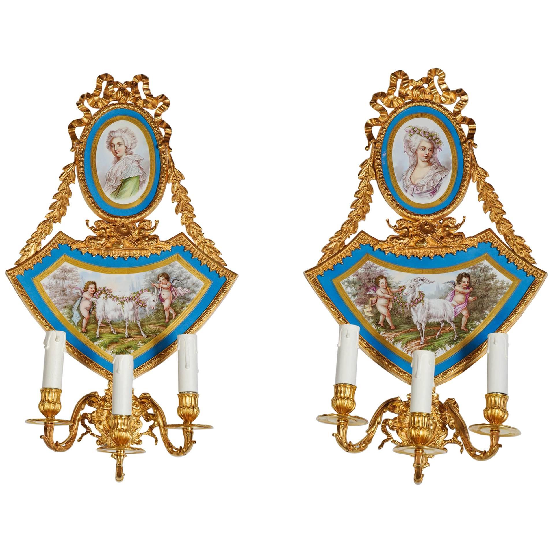 Stunning Pair of Porcelain and Bronze Sconces For Sale