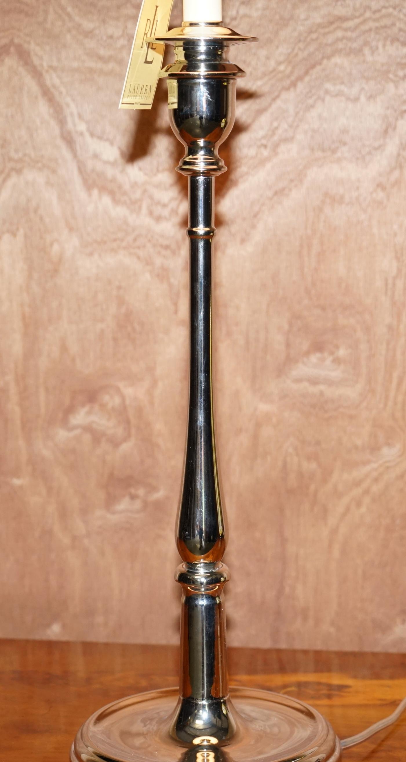 Stunning Pair of Ralph Lauren Chrome Victorian Candlestick Lamps 1