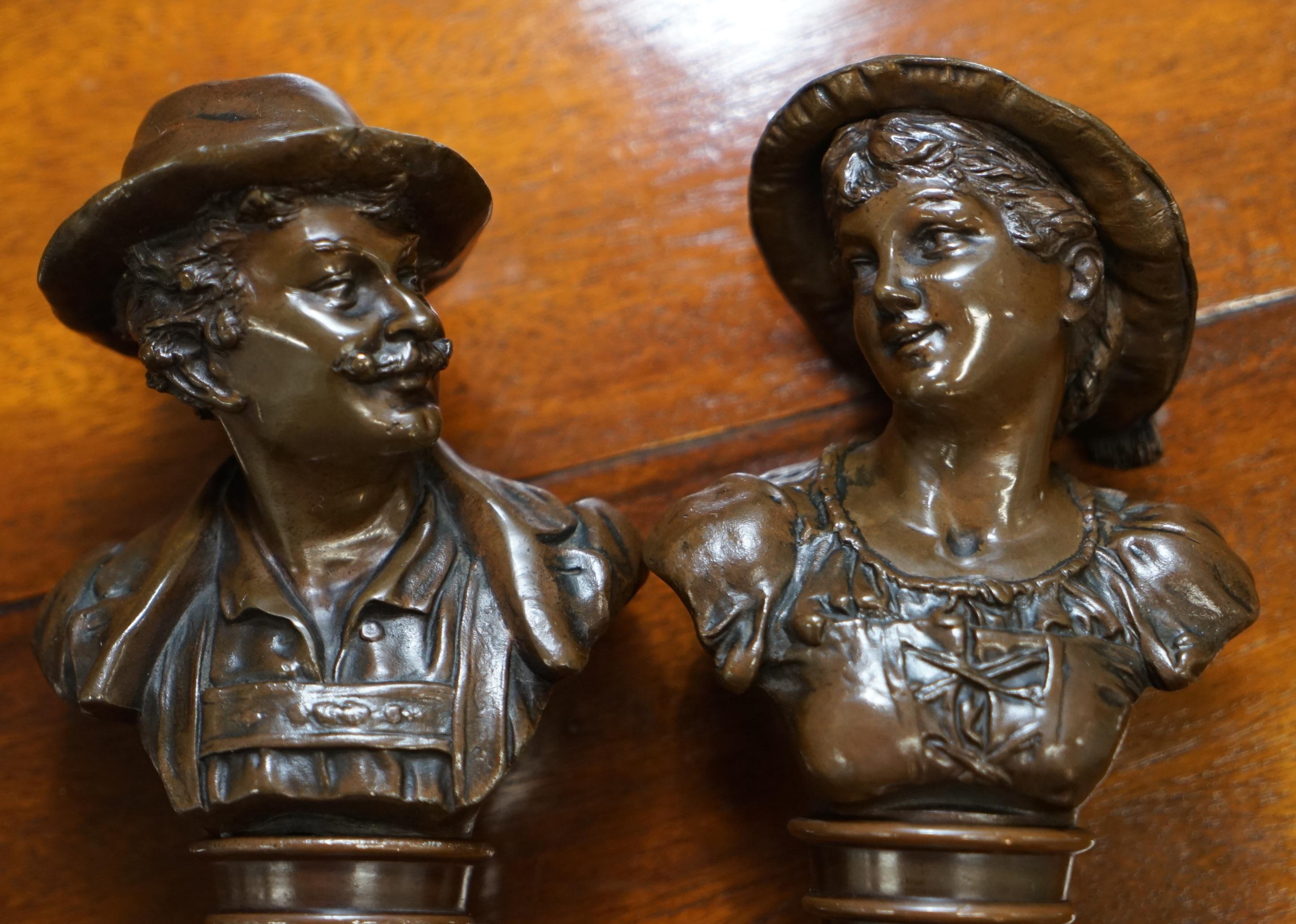 Stunning Pair of Rare Original Victorian Solid Miniature Bronze Bust Statues For Sale 11