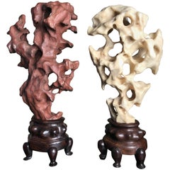Stunning Pair of Red and White Chinese Taihu Infinity Scholar Stones