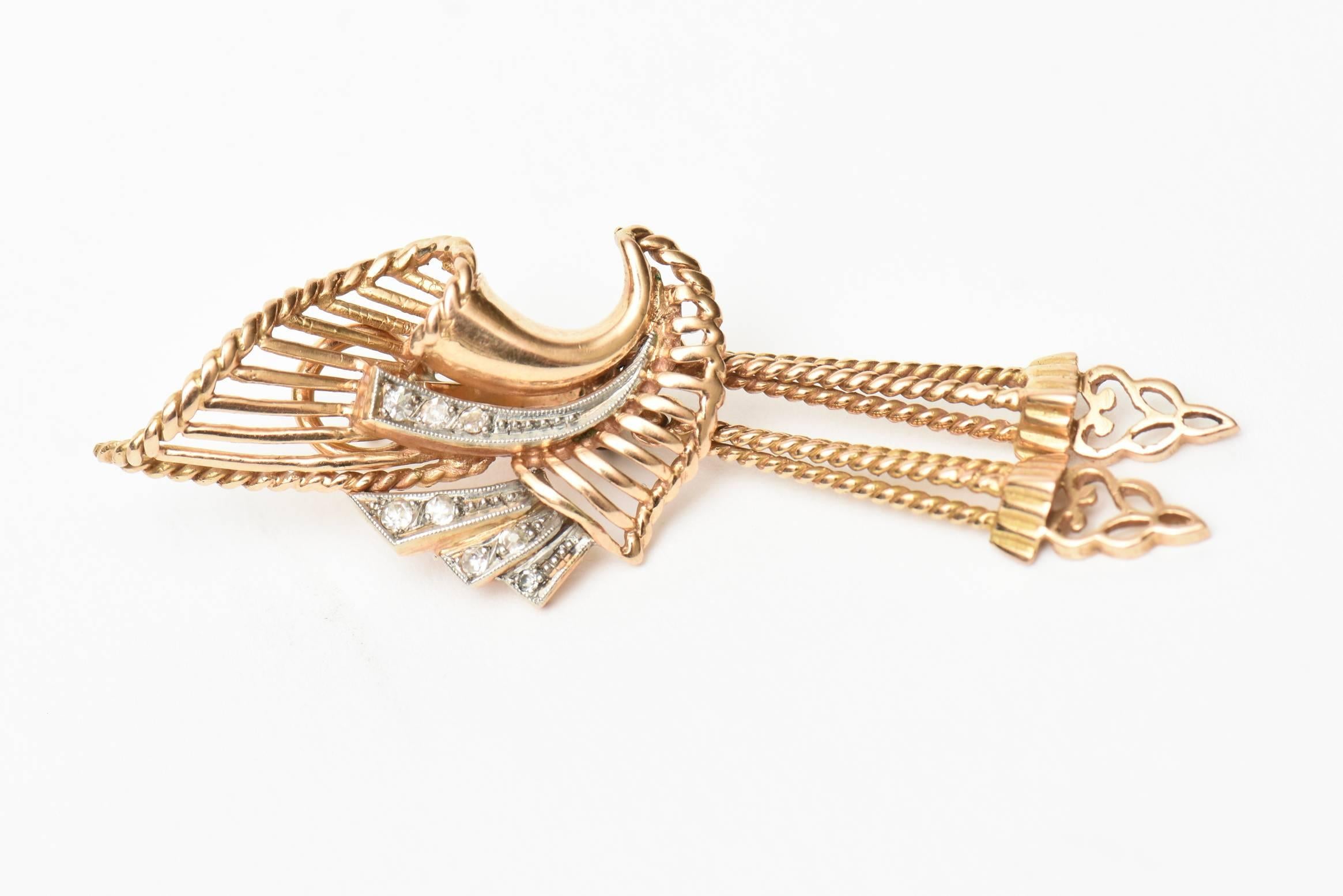 Women's 18 Karat Rose Gold and Diamond Retro Dangle Pierced Lever Back Earrings Vintage