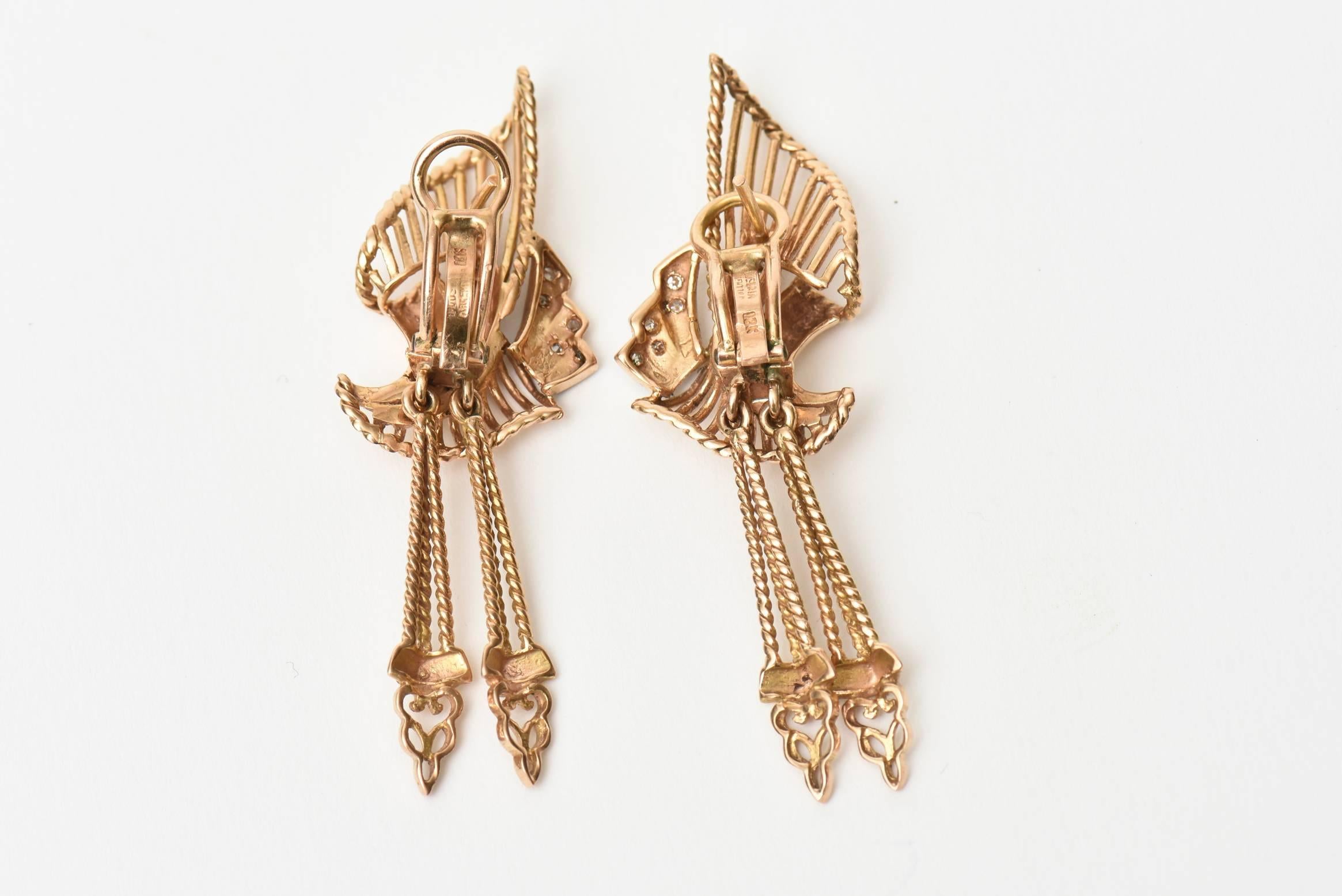18 Karat Rose Gold and Diamond Retro Dangle Pierced Lever Back Earrings Vintage 3