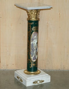 STUNNiNG PAIR OF ROYAL ITALIAN CARRARA MARBLE & ENAMEL PAINTED BRASS PILLARS
