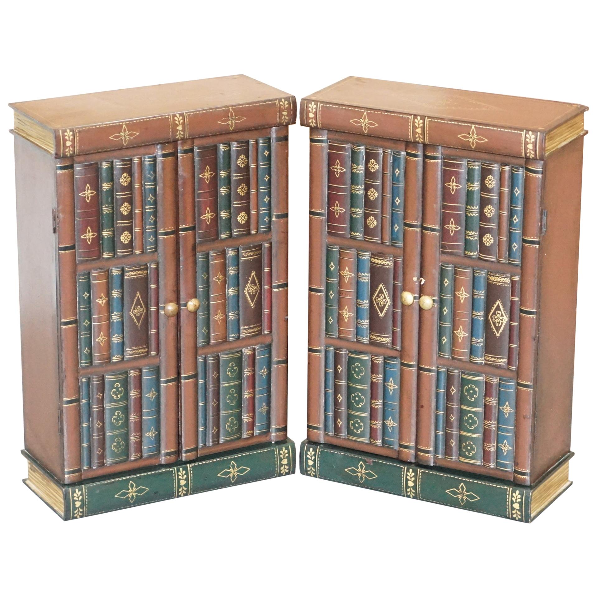 Stunning Pair of Side End Lamp Wine Table Sized Faux Book Library Study Cabinets