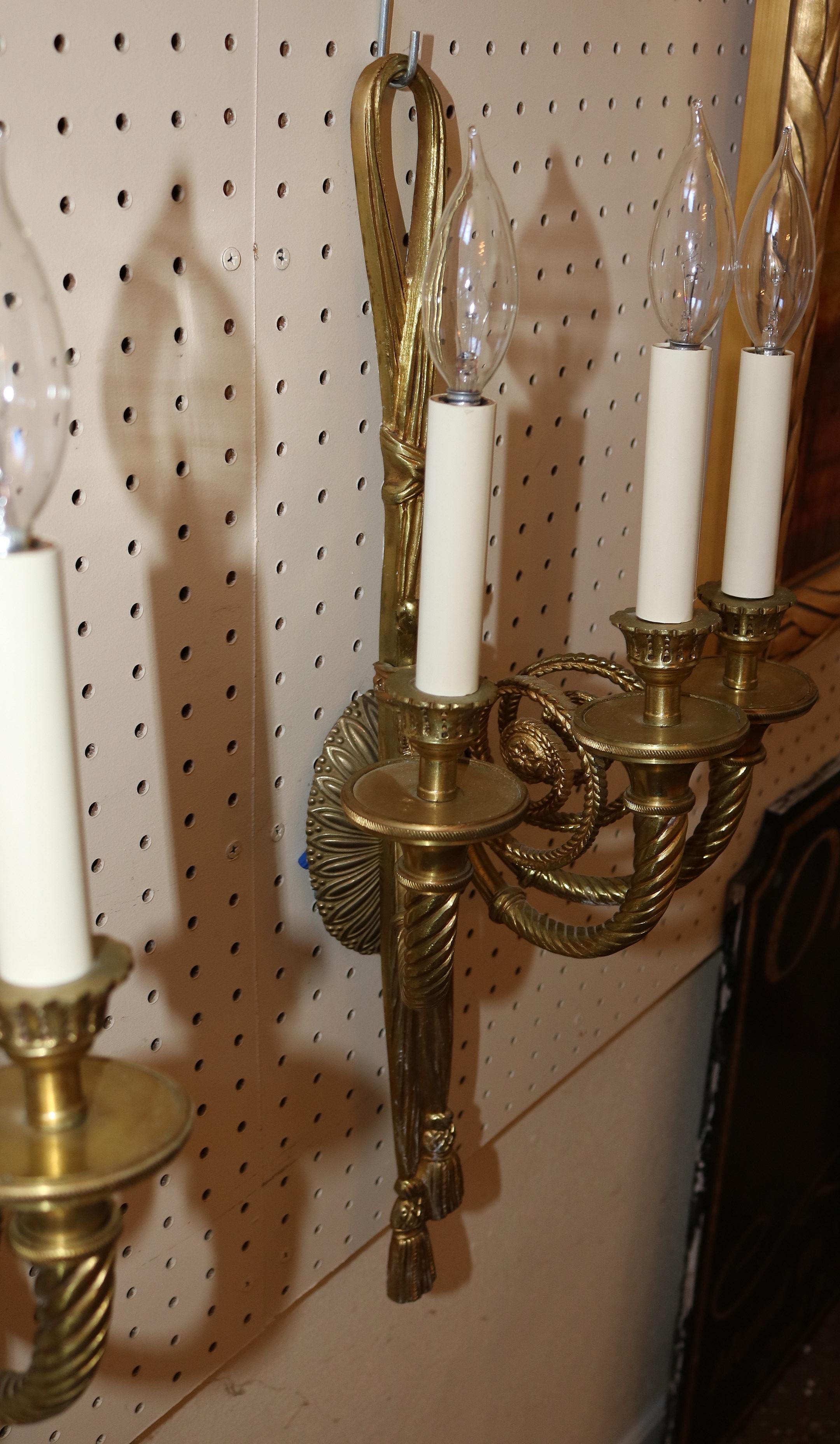 Stunning Pair of Solid Brass 3 Arm Louis XVI French Style Ribbon Sconces For Sale 5