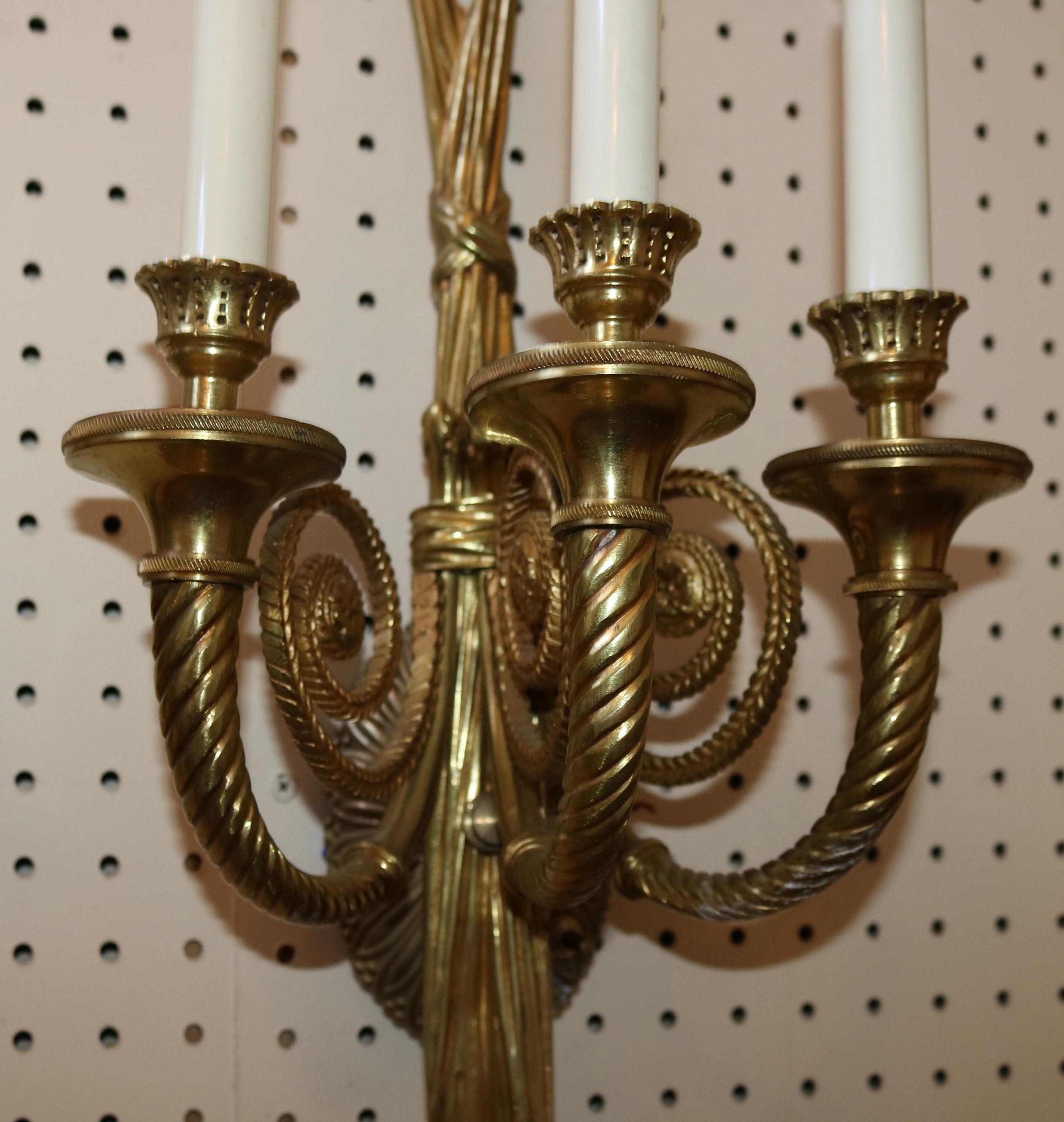 Stunning Pair of Solid Brass 3 Arm Louis XVI French Style Ribbon Sconces For Sale 7