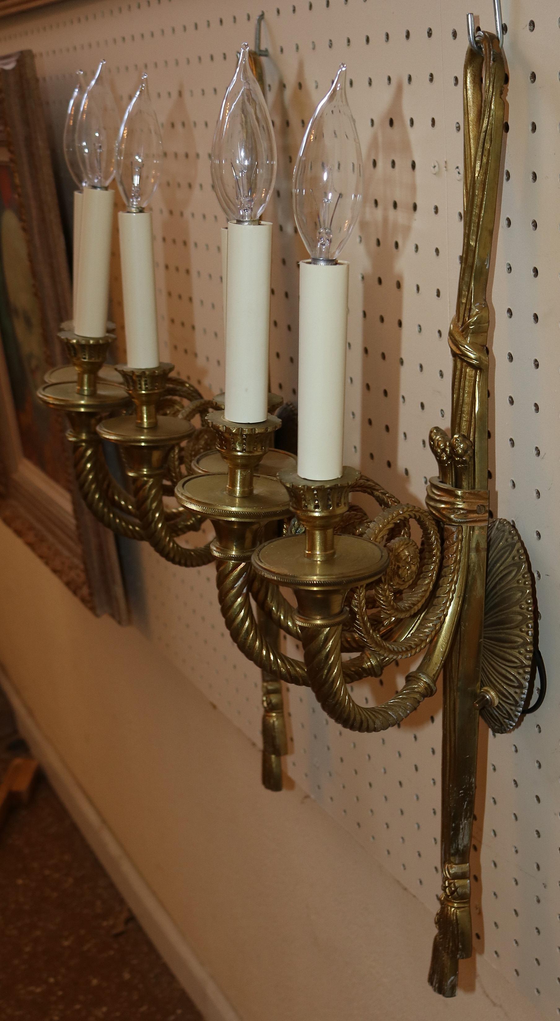 Stunning Pair of Solid Brass 3 Arm Louis XVI French Style Ribbon Sconces For Sale 9