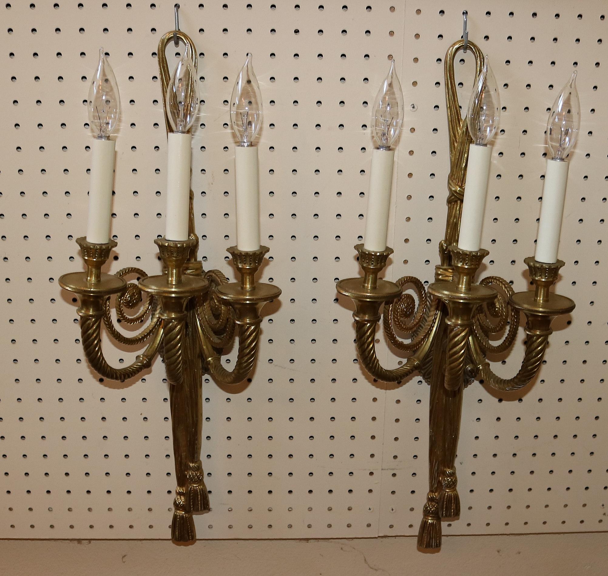 Stunning Pair of Solid Brass 3 Arm Louis XVI French Style Ribbon Sconces For Sale 11