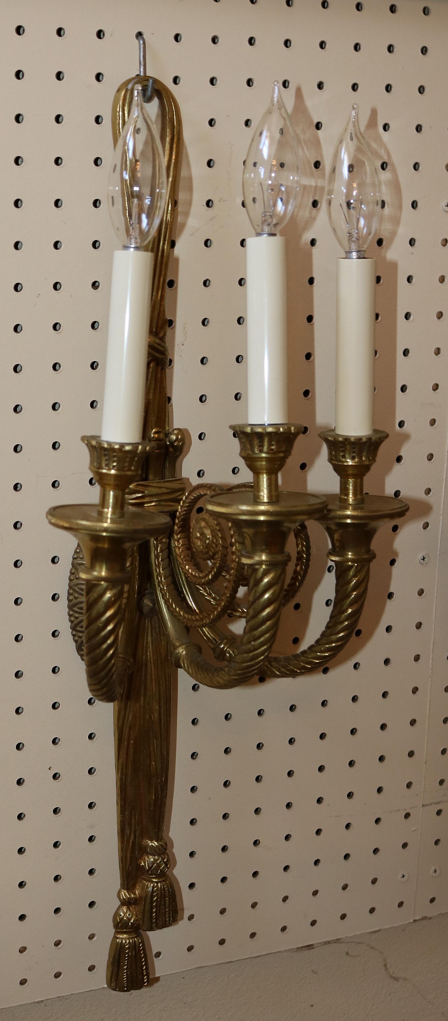 Spanish Stunning Pair of Solid Brass 3 Arm Louis XVI French Style Ribbon Sconces For Sale