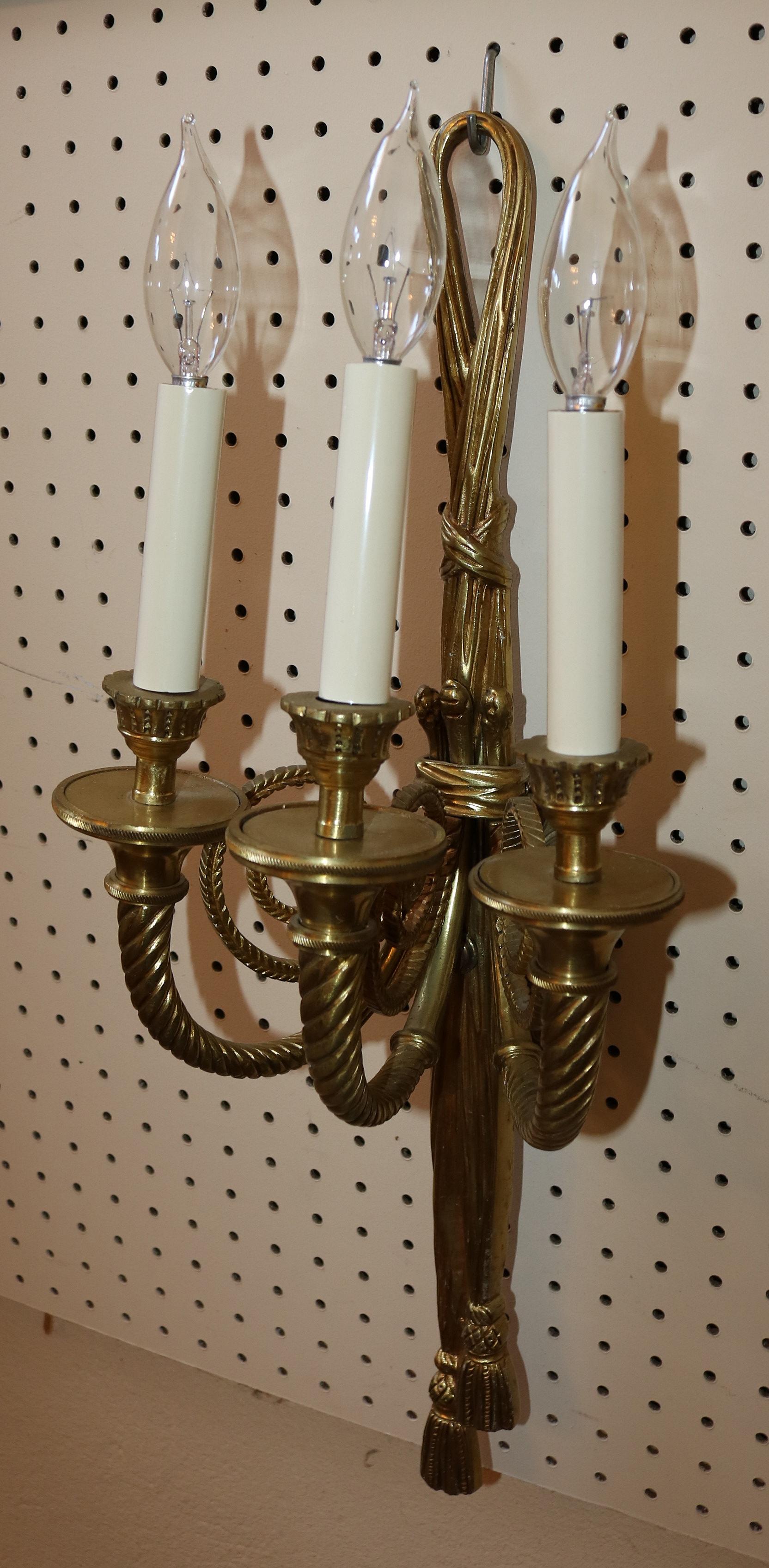 Late 20th Century Stunning Pair of Solid Brass 3 Arm Louis XVI French Style Ribbon Sconces For Sale