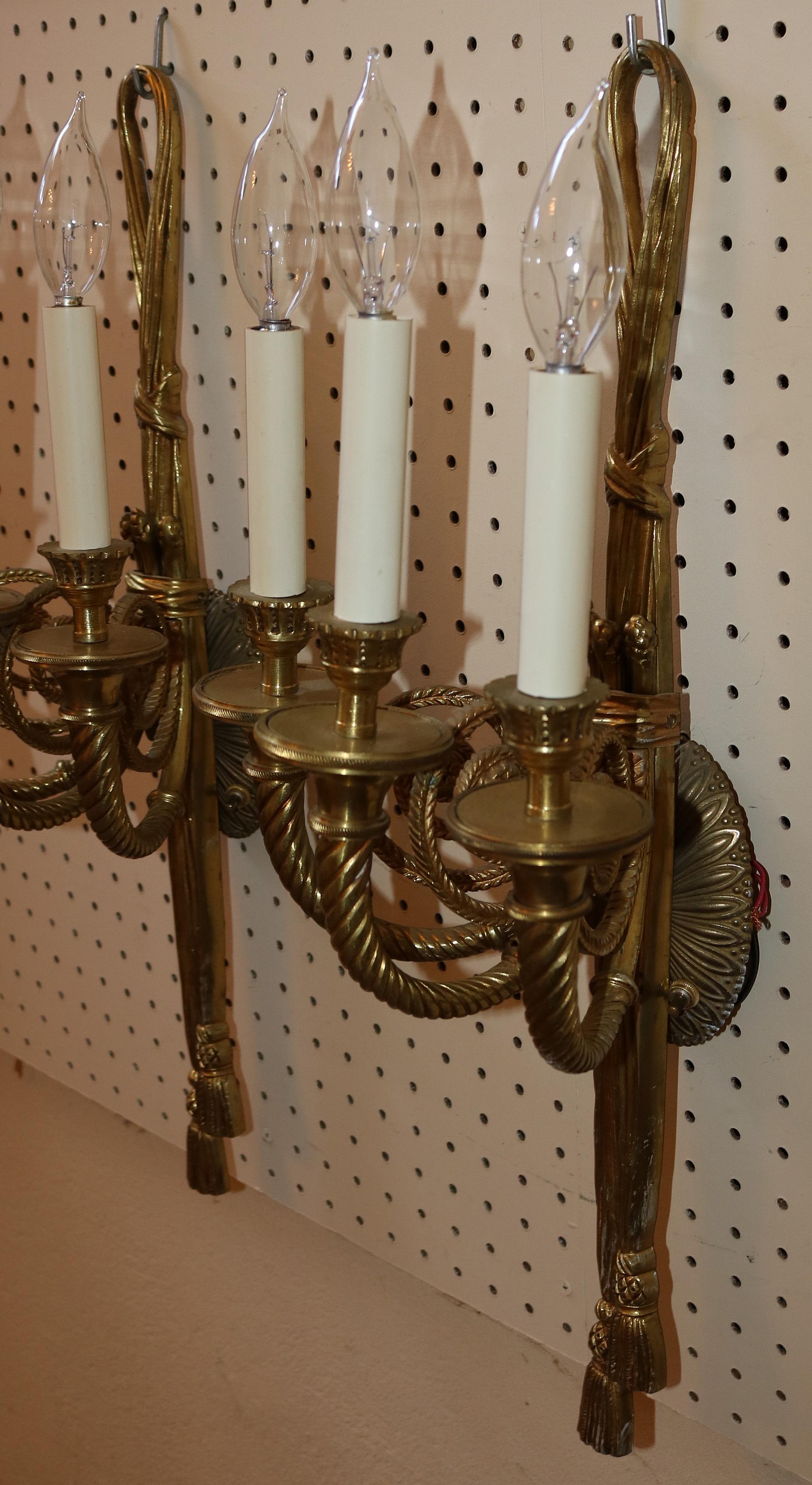 Stunning Pair of Solid Brass 3 Arm Louis XVI French Style Ribbon Sconces For Sale 4