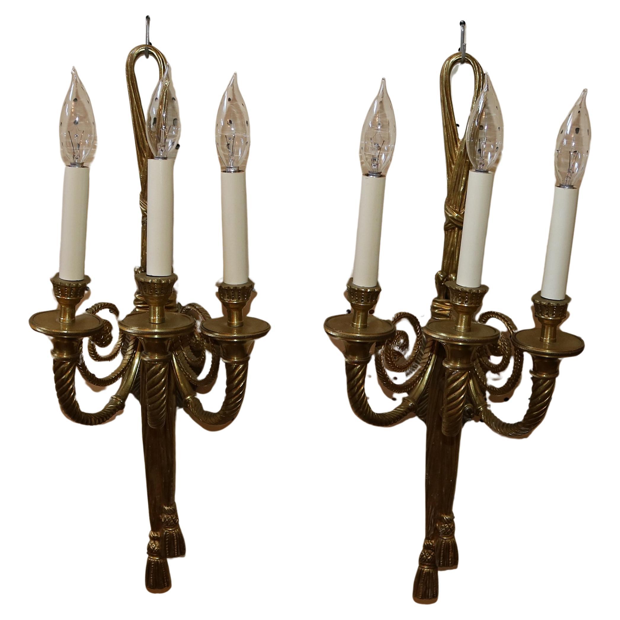 Stunning Pair of Solid Brass 3 Arm Louis XVI French Style Ribbon Sconces For Sale