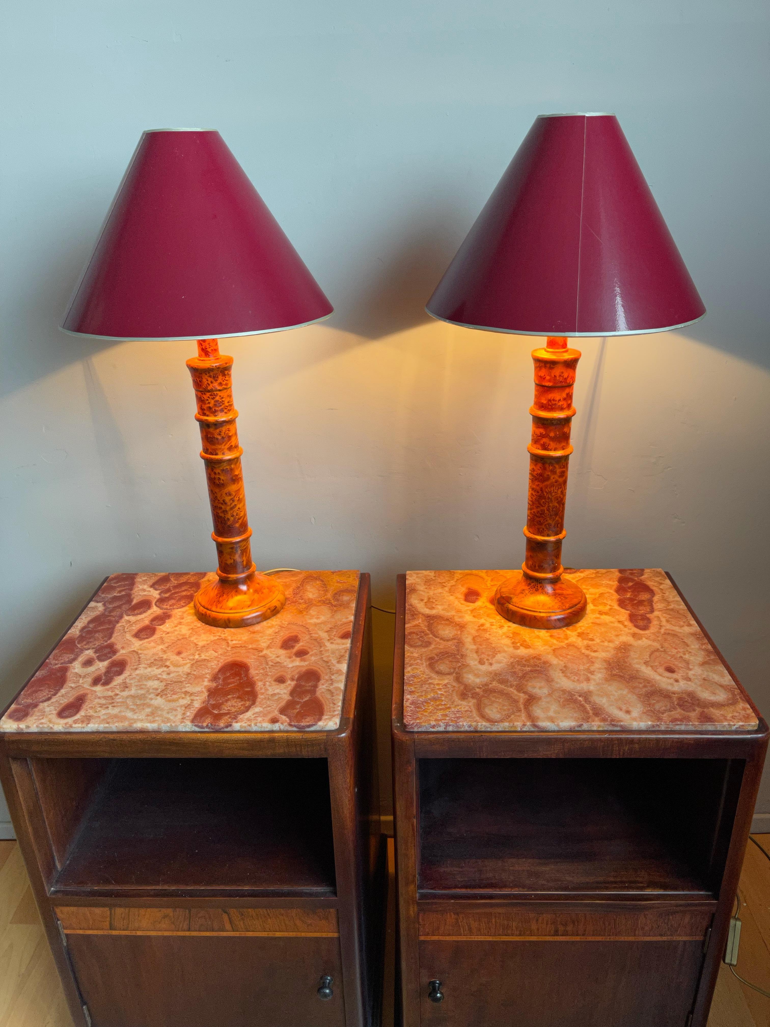 Stunning Pair of Solid Burl / Burr Wood Table Lamps Pair of Stylish Turned Lamps 7