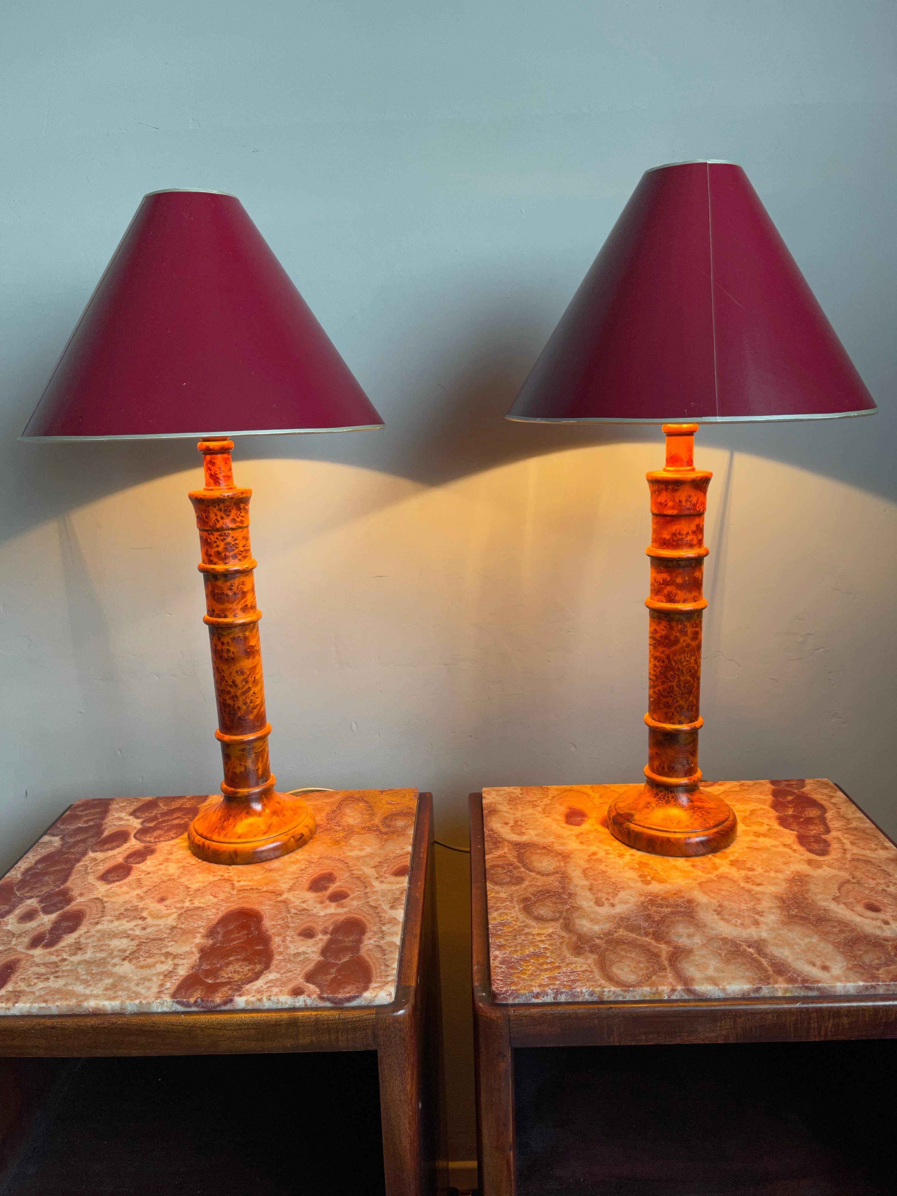 European Stunning Pair of Solid Burl / Burr Wood Table Lamps Pair of Stylish Turned Lamps