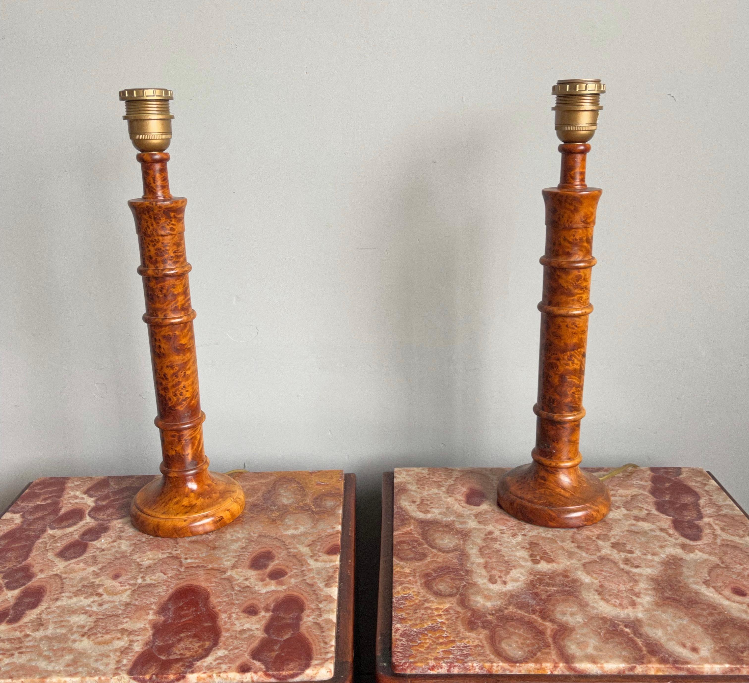 20th Century Stunning Pair of Solid Burl / Burr Wood Table Lamps Pair of Stylish Turned Lamps