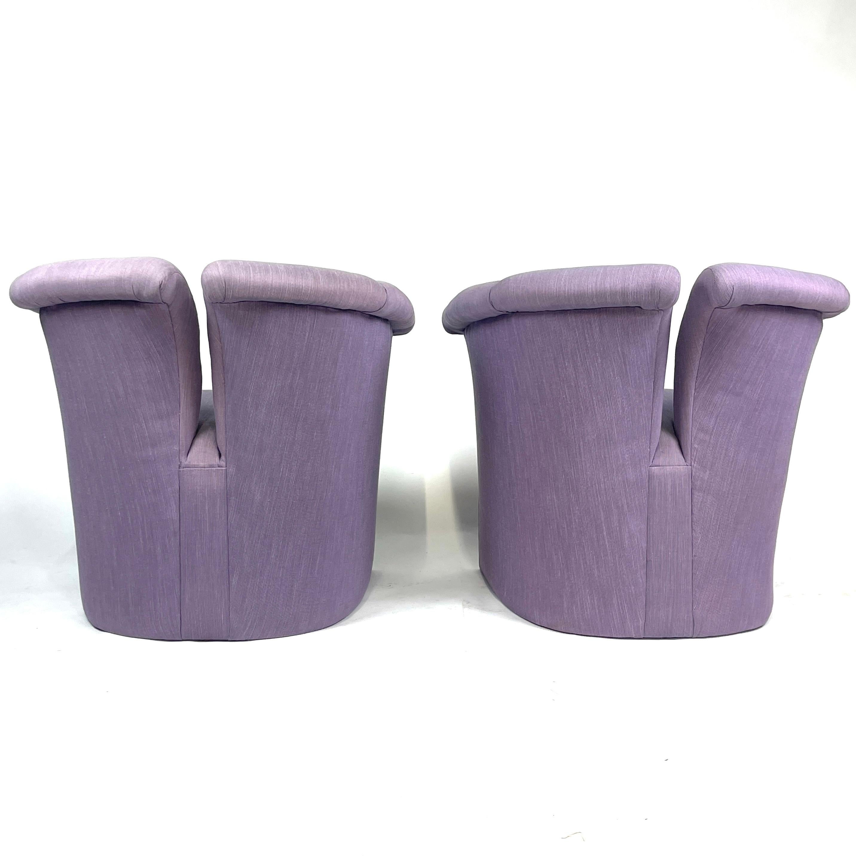 Stunning Pair of Split Back Postmodern Barrel Chairs in Excellent Upholstery For Sale 4