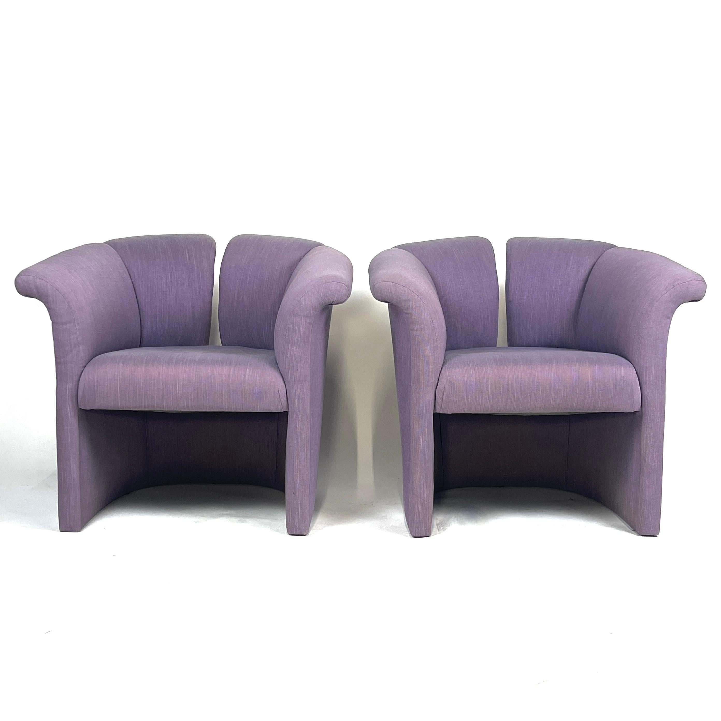 American Stunning Pair of Split Back Postmodern Barrel Chairs in Excellent Upholstery For Sale