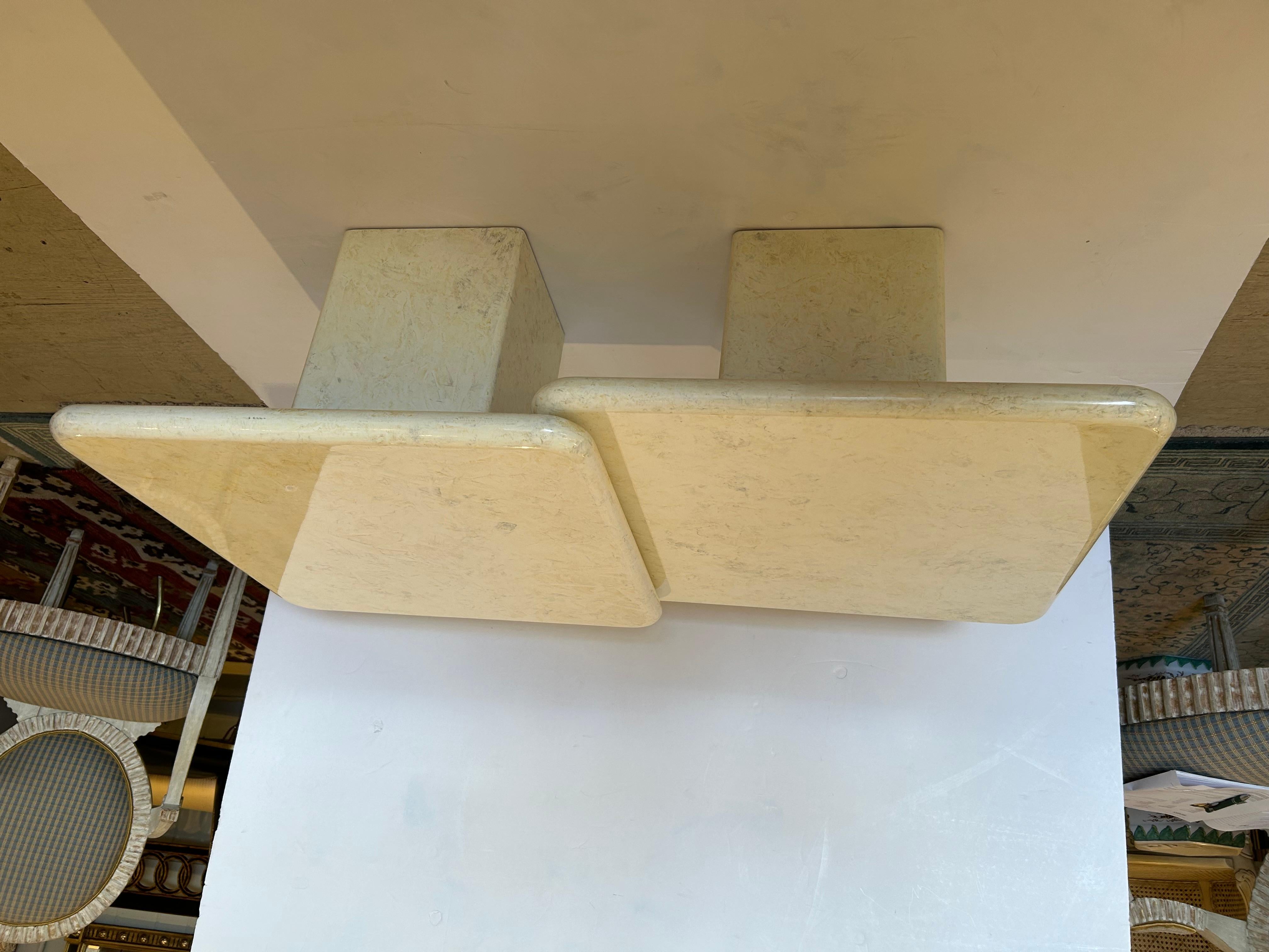 Late 20th Century Stunning Pair of Square Lacquered Wood Faux Marble Overlapping Cocktail Tables For Sale
