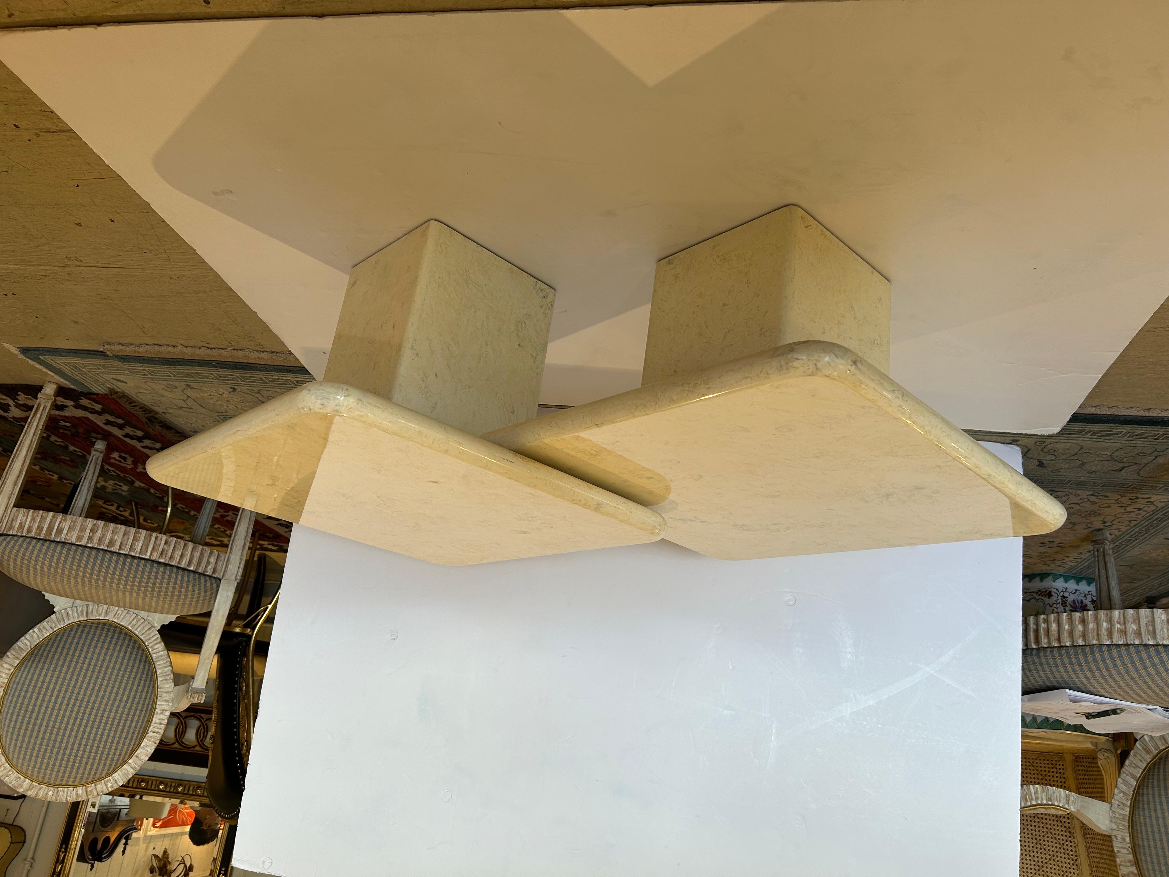 Stunning Pair of Square Lacquered Wood Faux Marble Overlapping Cocktail Tables For Sale 3