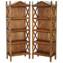 Stunning Pair of Steeple Top Solid Wood Bookcases Very Decorative Matching Set