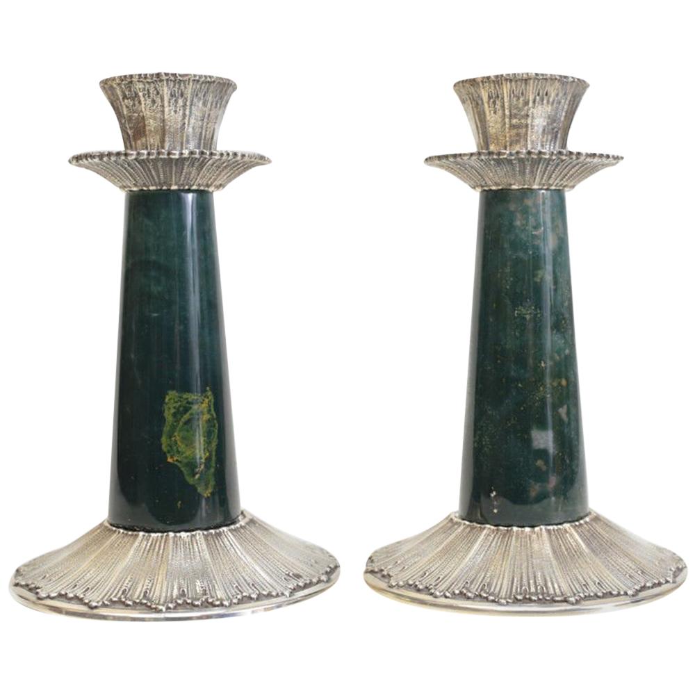 Stunning Pair of Sterling Silver & Rouche Green Stone Candlesticks by Buccellati