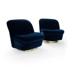 1980's Directional Swivel Lounge Chairs in Navy Blue with Brass Base
