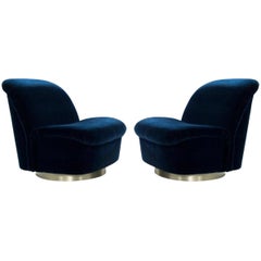 Vintage 1980's Directional Swivel Lounge Chairs in Navy Blue with Brass Base