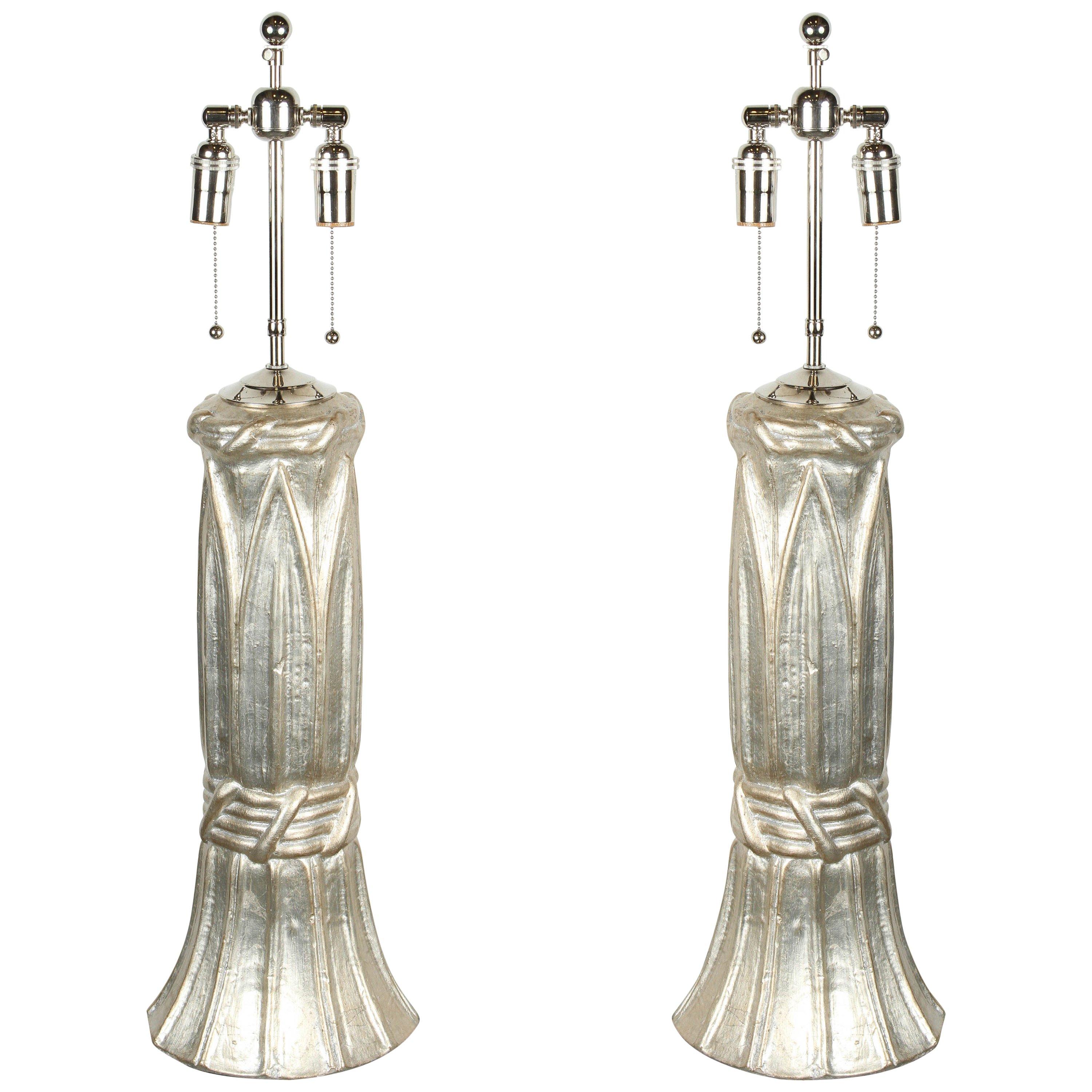 Pair of Table Lamps with a Glazed Silver Leaf Finish