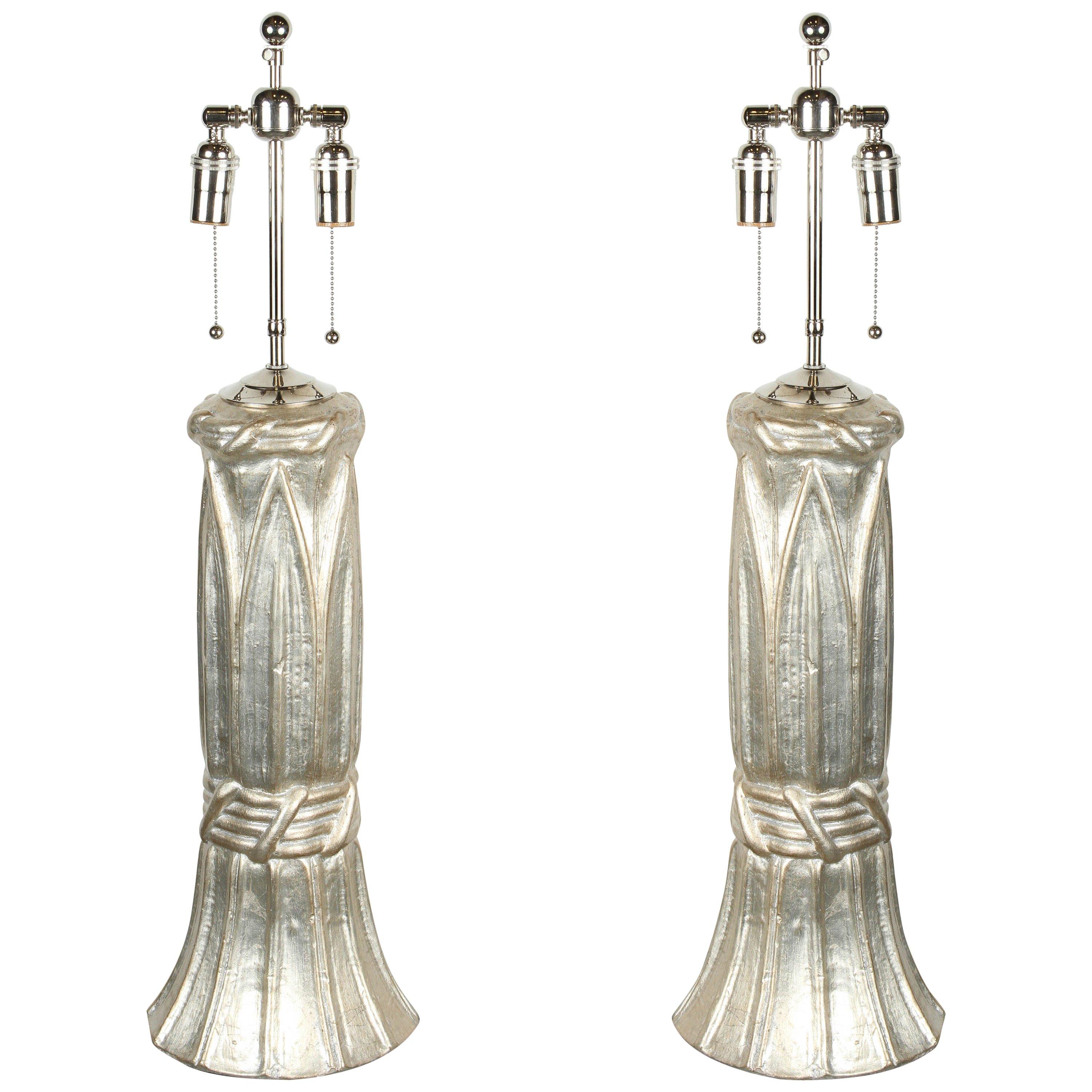 Stunning Pair of Table Lamps with a Glazed Silver Leaf Finish