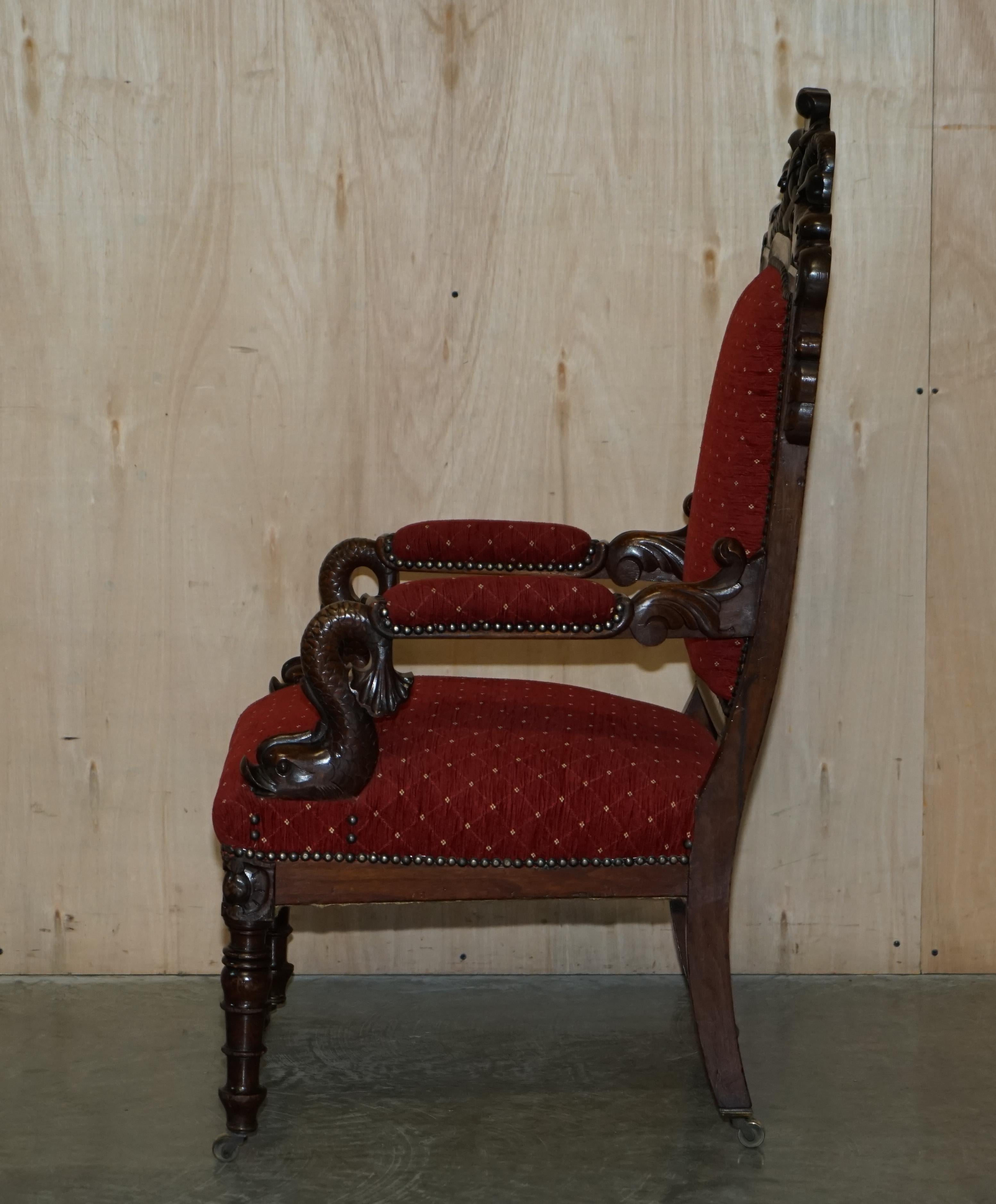 Stunning Pair of Tall Antique circa 1860 Hand Carved Dolphin Arm Armchairs 12