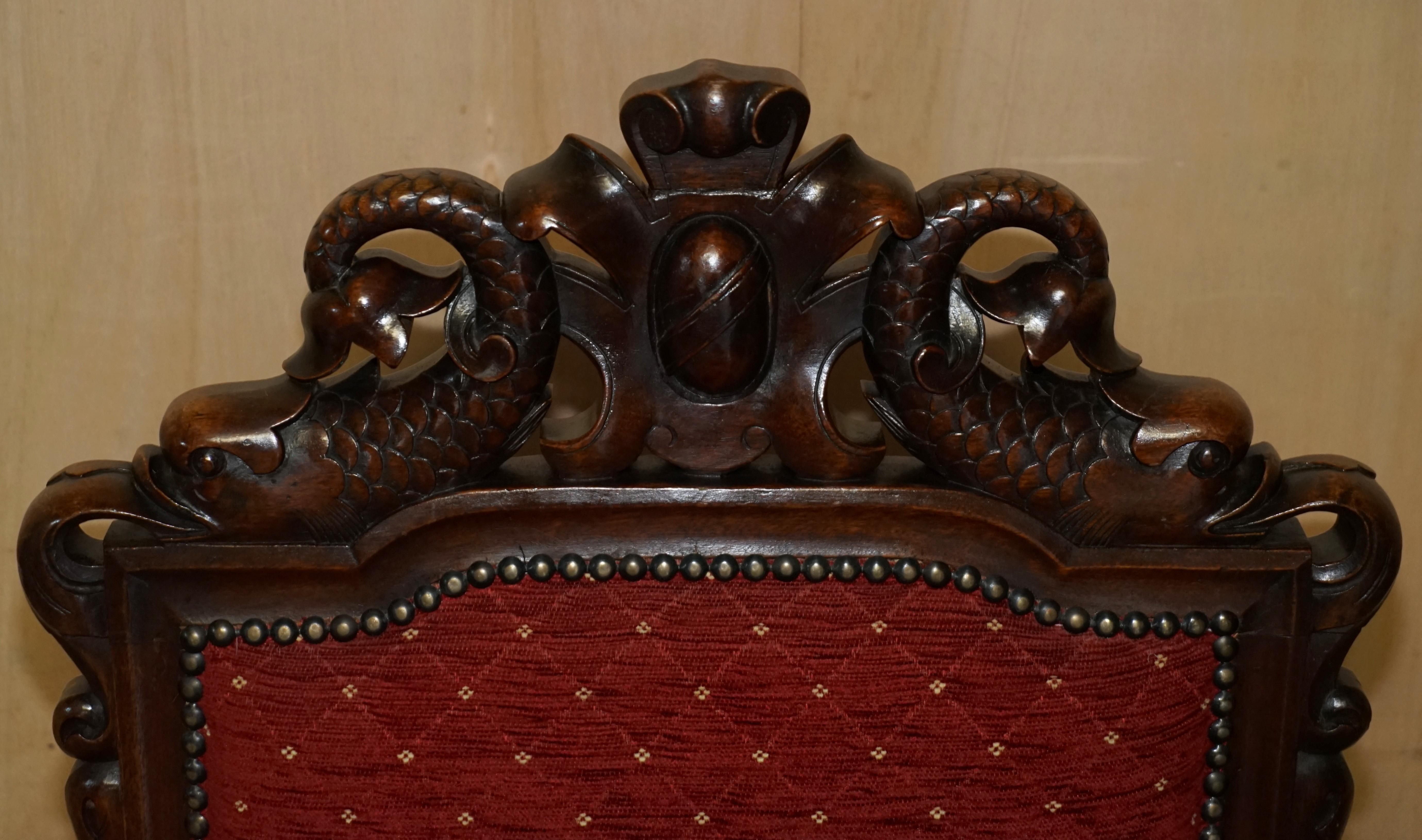 Hand-Crafted Stunning Pair of Tall Antique circa 1860 Hand Carved Dolphin Arm Armchairs
