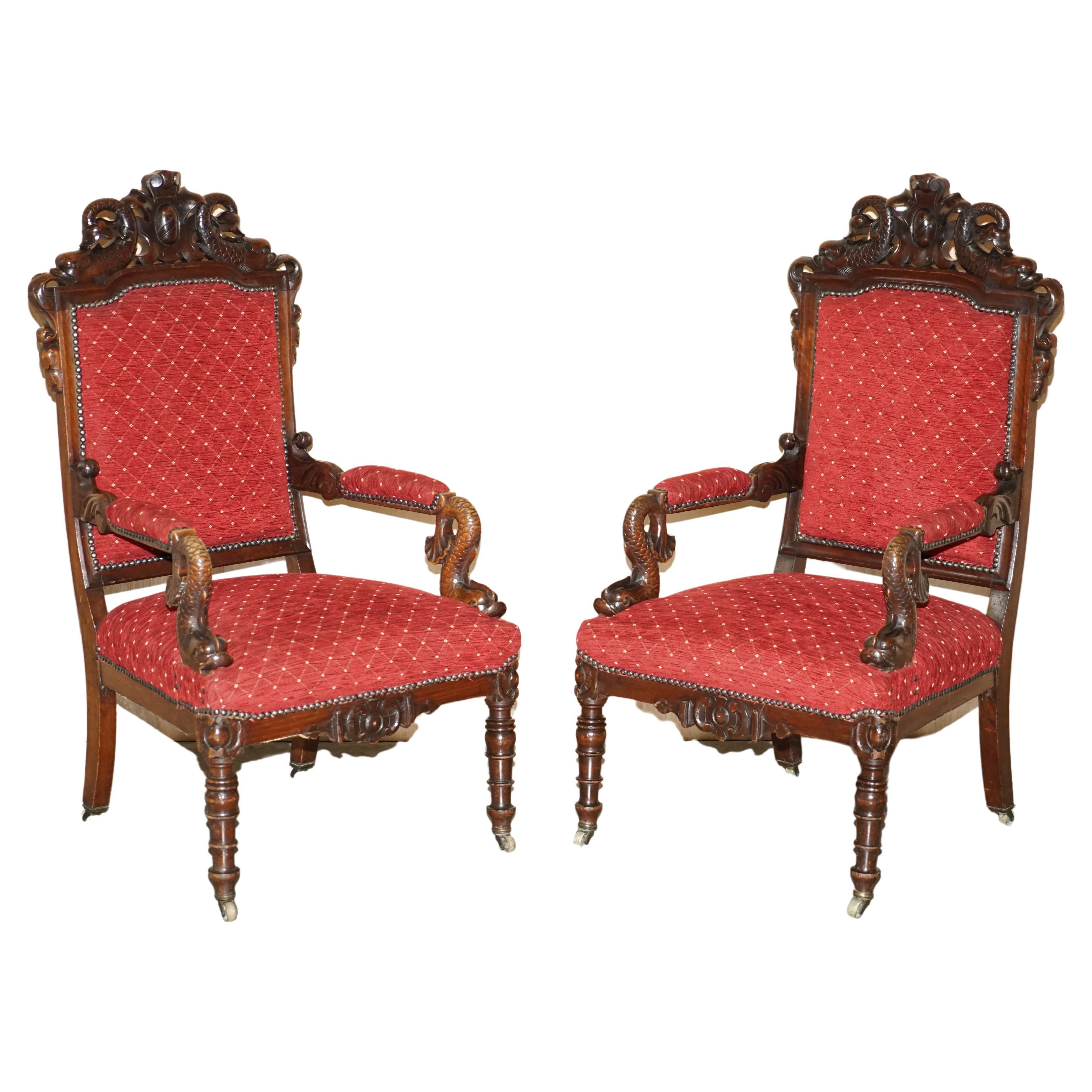 Stunning Pair of Tall Antique circa 1860 Hand Carved Dolphin Arm Armchairs