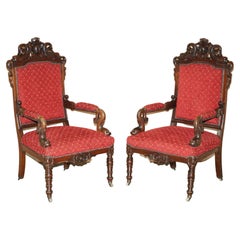 Stunning Pair of Tall Antique circa 1860 Hand Carved Dolphin Arm Armchairs