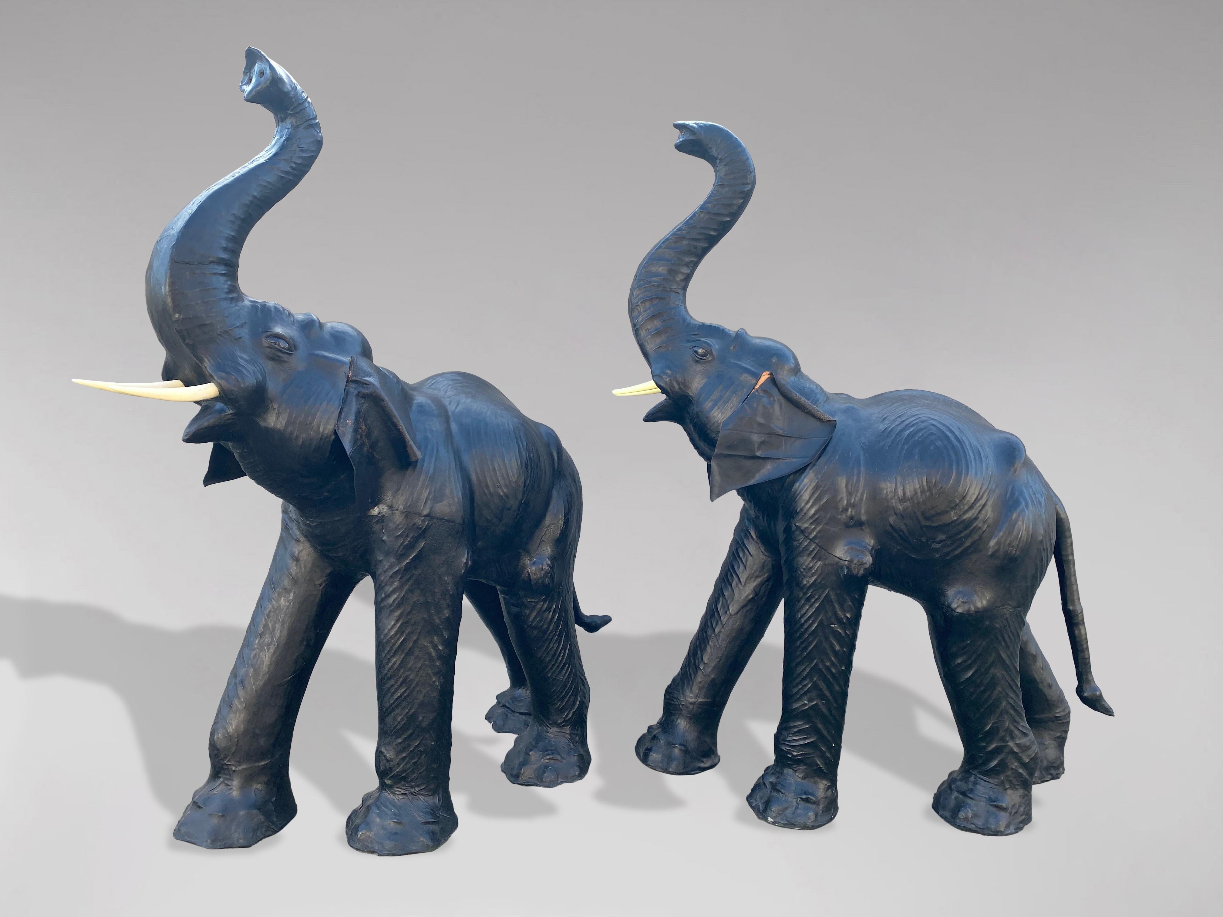 Stunning Pair of Tall Leather Elephants Probably Retailed by Liberty & Co London For Sale 1