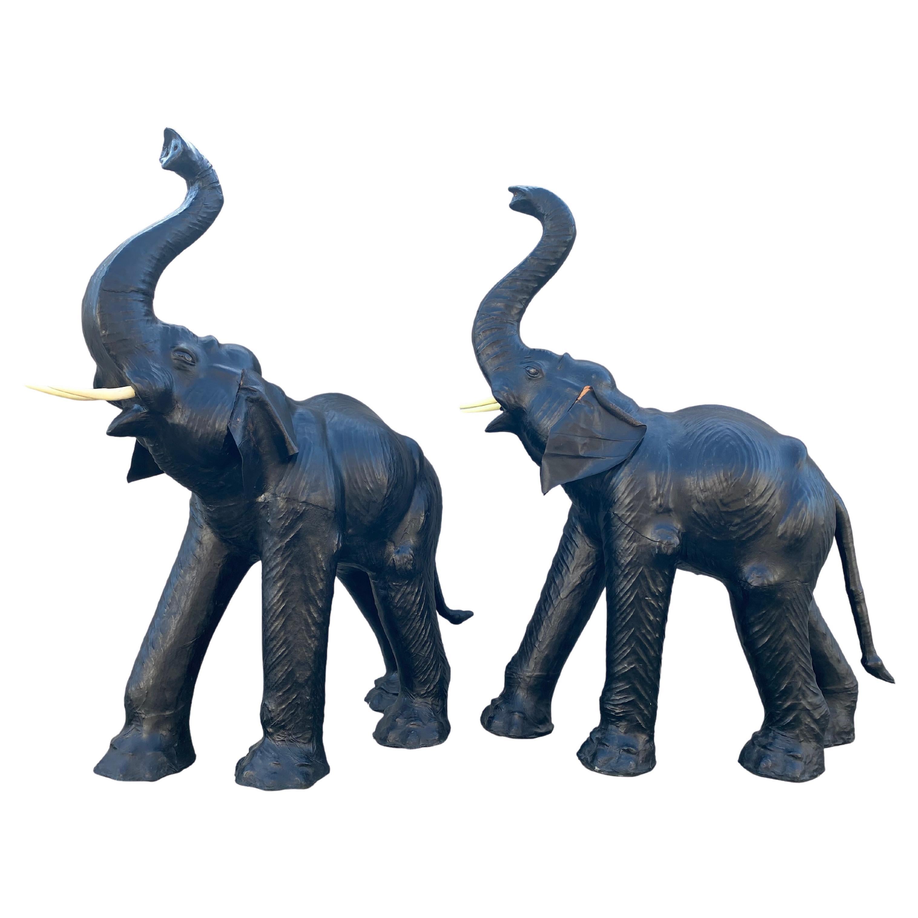 Stunning Pair of Tall Leather Elephants Probably Retailed by Liberty & Co London For Sale