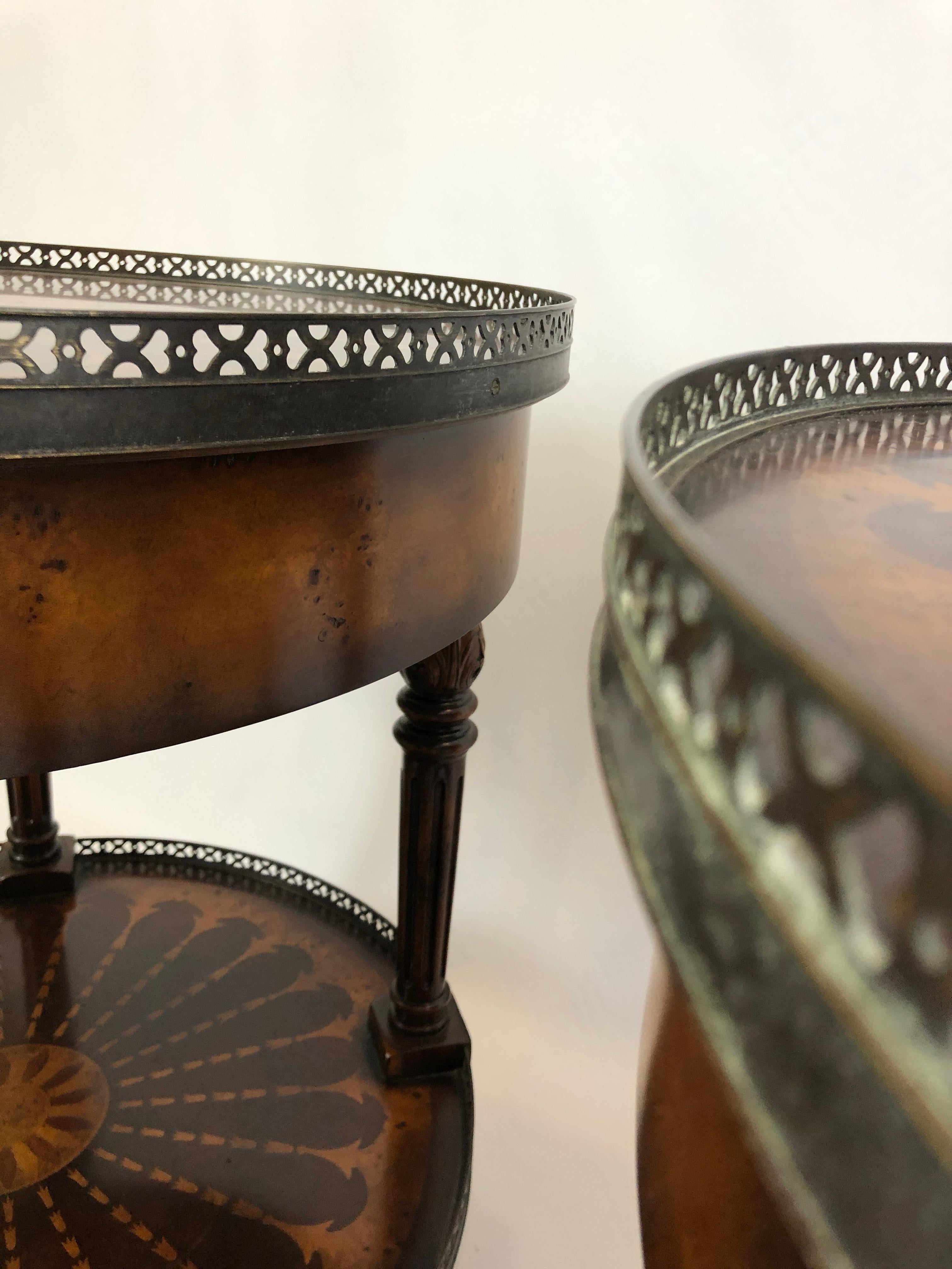 Stunning Pair of Theodore Alexander Round Two-Tier Inlaid Side Tables In Excellent Condition In Hopewell, NJ