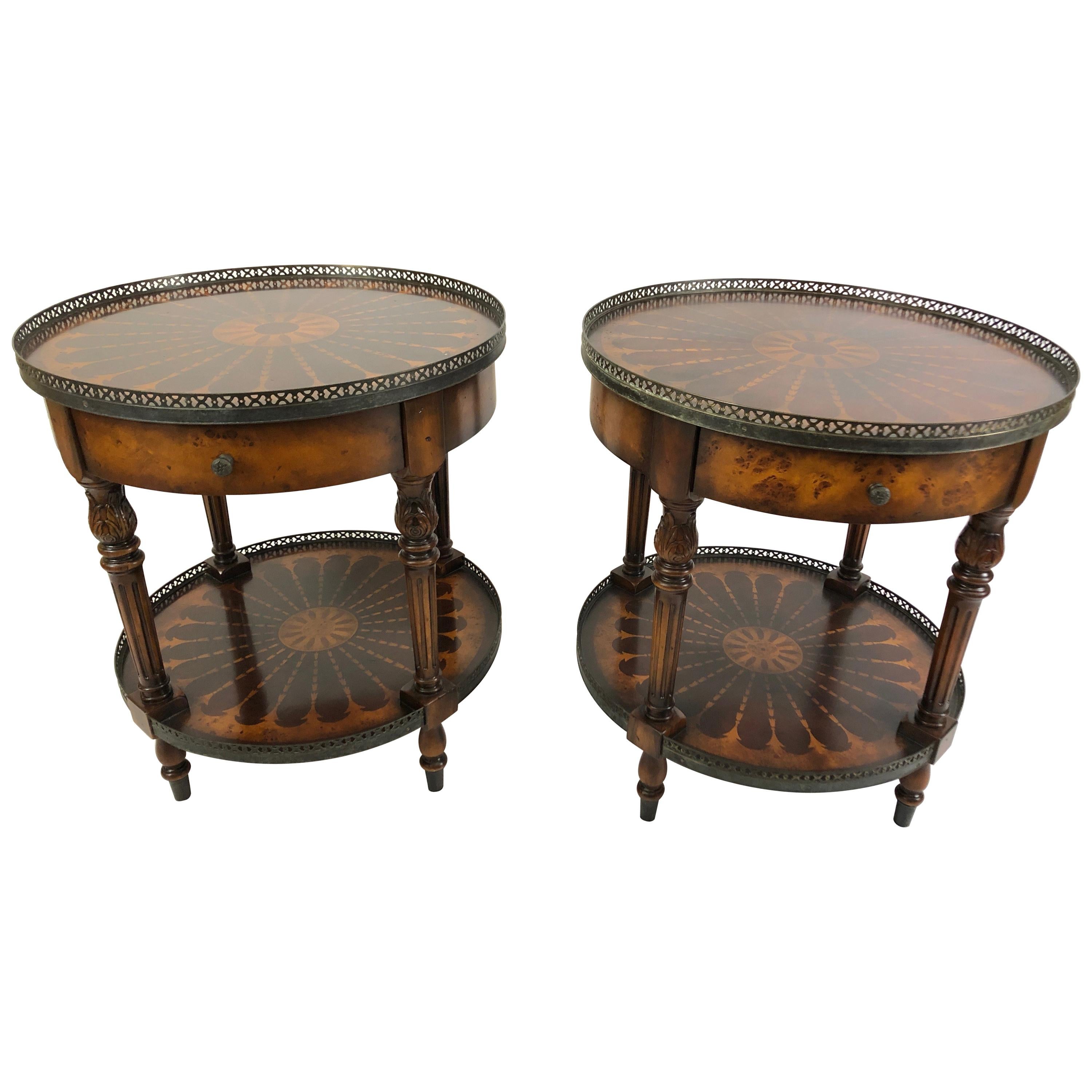 Stunning Pair of Theodore Alexander Round Two-Tier Inlaid Side Tables