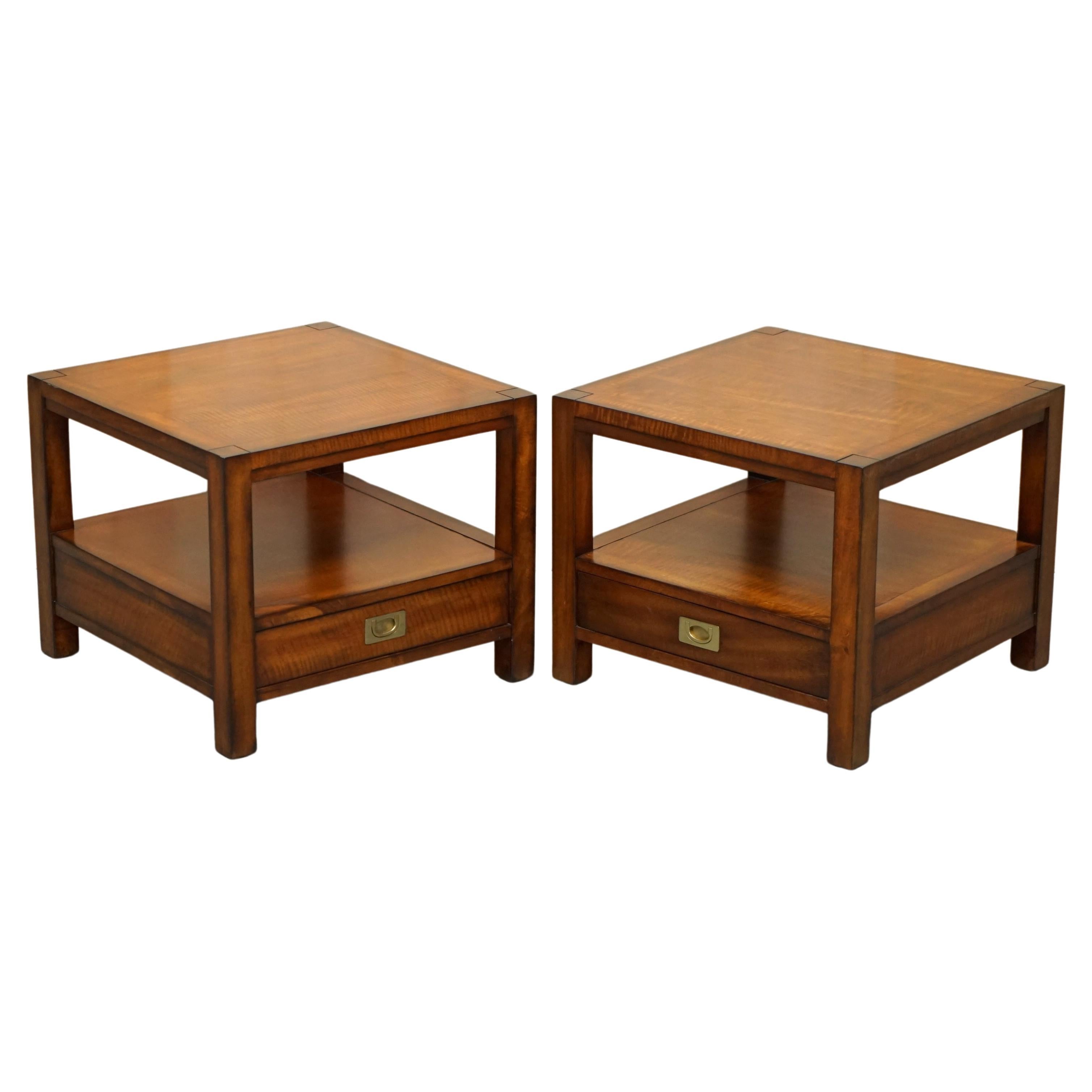 STUNNING PAIR OF TWO TIER MILITARY CAMPAIGN SiDE END TABLES LARGE SINGLE DRAWERS For Sale