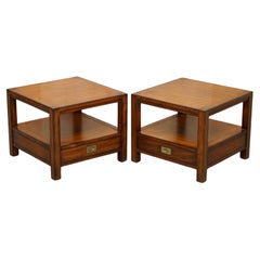 STUNNING PAIR OF TWO TIER MILITARY CAMPAIGN SiDE END TABLES LARGE SINGLE DRAWERS