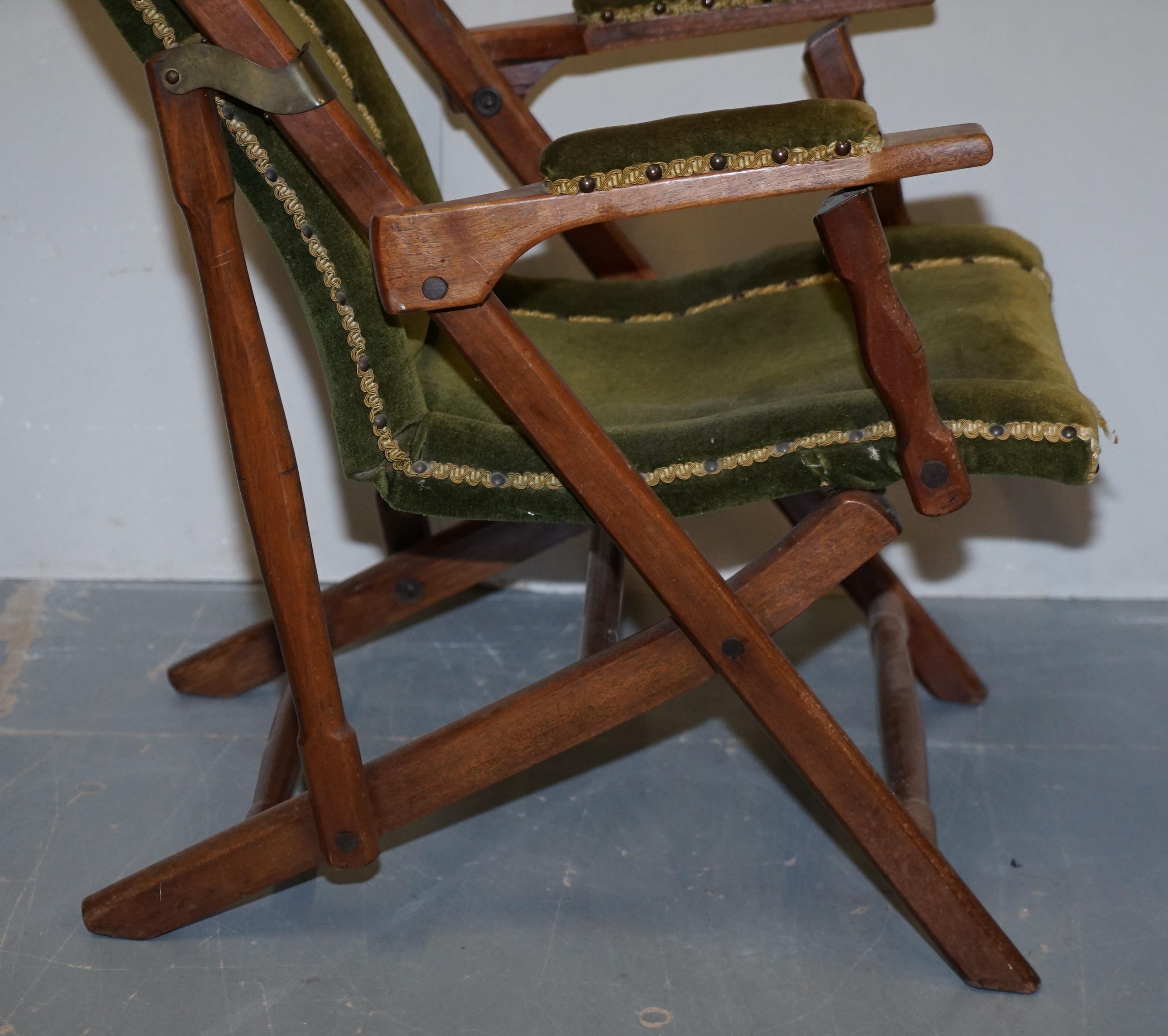 Upholstery Stunning Pair of Victorian Military Campaign Folding Chairs Steamer Liner Pieces For Sale