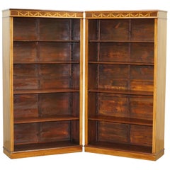 Stunning Pair of Victorian Sheraton Revival Inlaid Walnut, Oak Library Bookcases