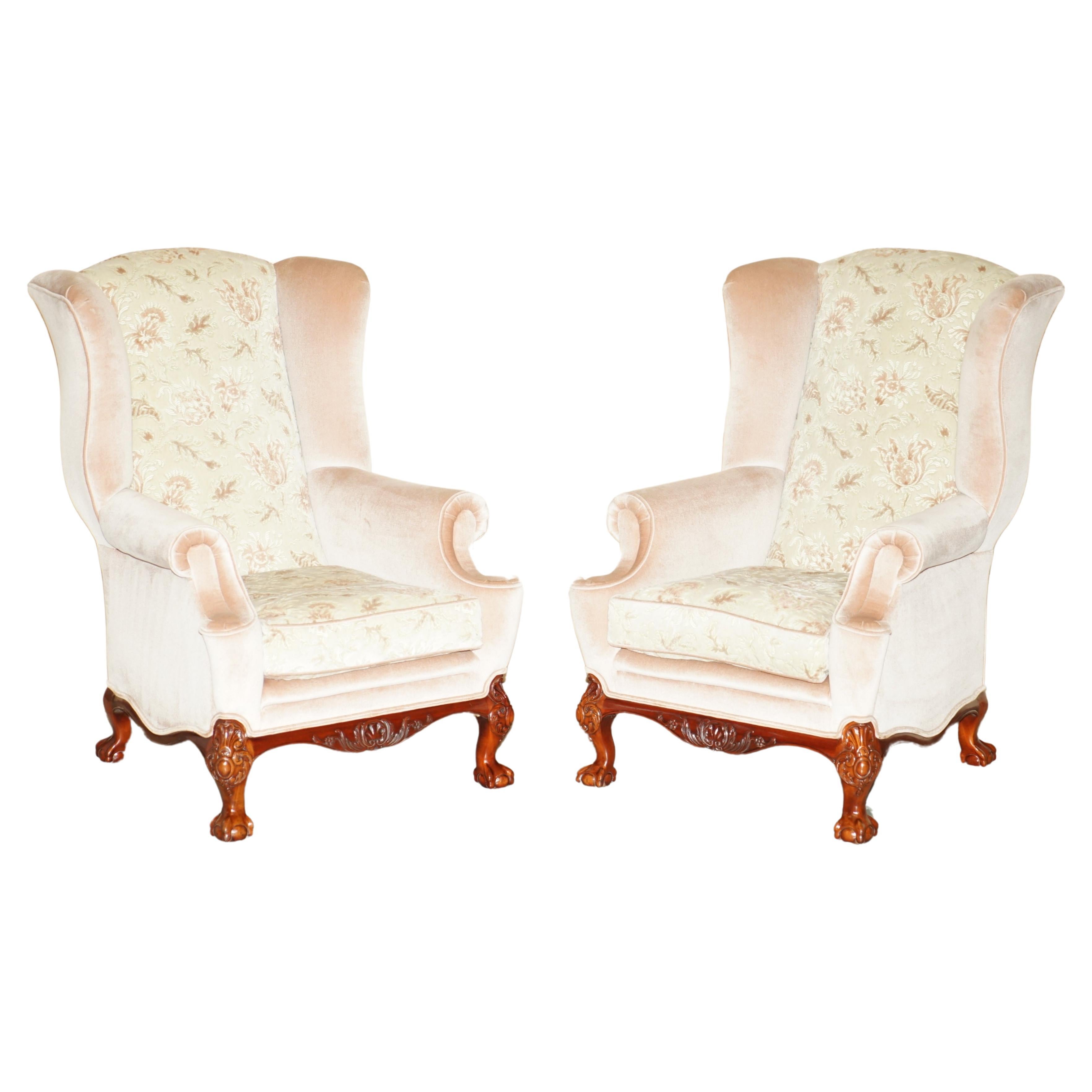 STUNNING PAIR OF VICTORIAN STYLE CLAW & BALL FEET FLORAL WINGBACK ARMCHAIRs