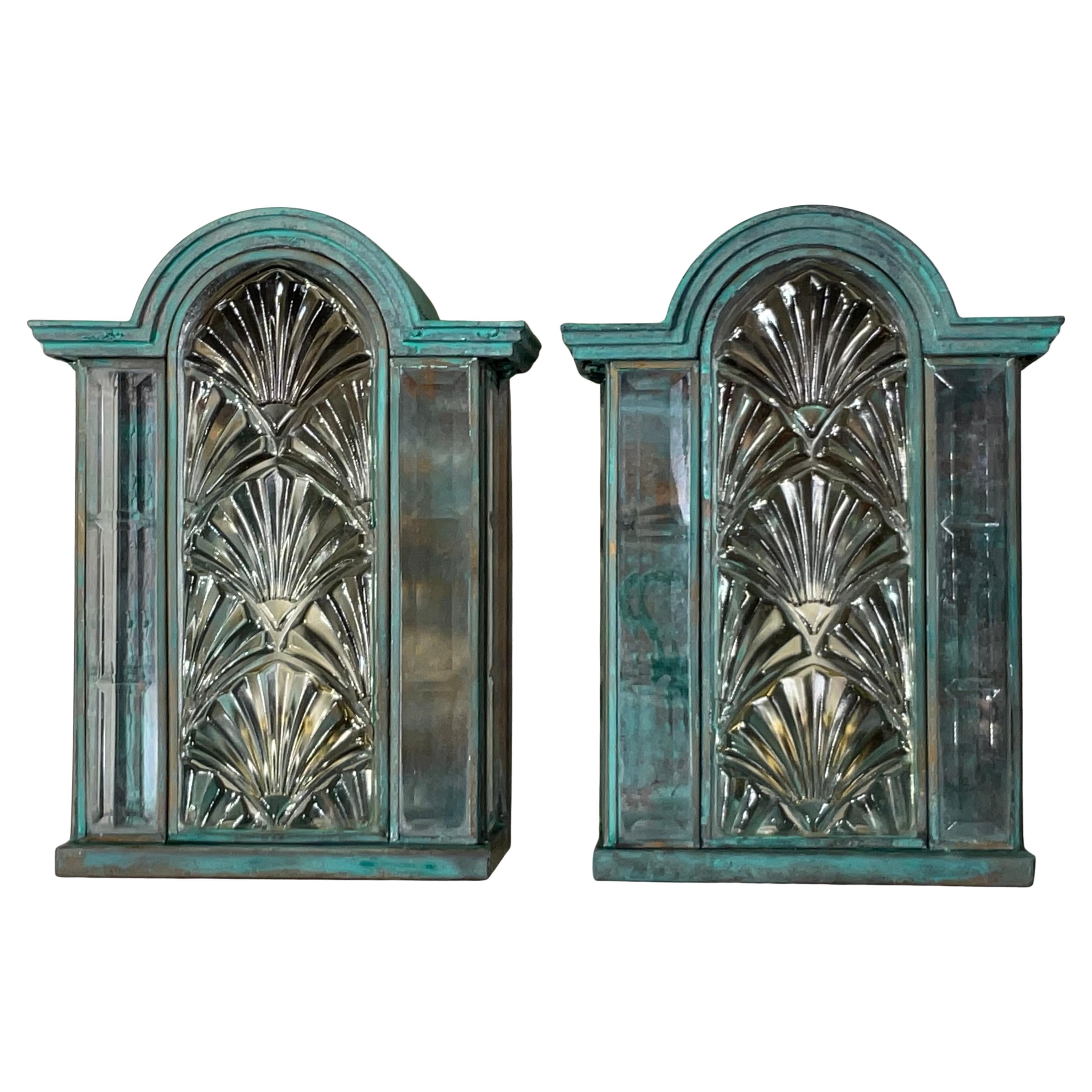 Stunning Pair of Vintage Art Deco Brass Verdigris Wall Sconces / Lanterns
