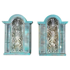 Stunning Pair of Vintage Art Deco Brass Verdigris Wall Sconces / Lanterns